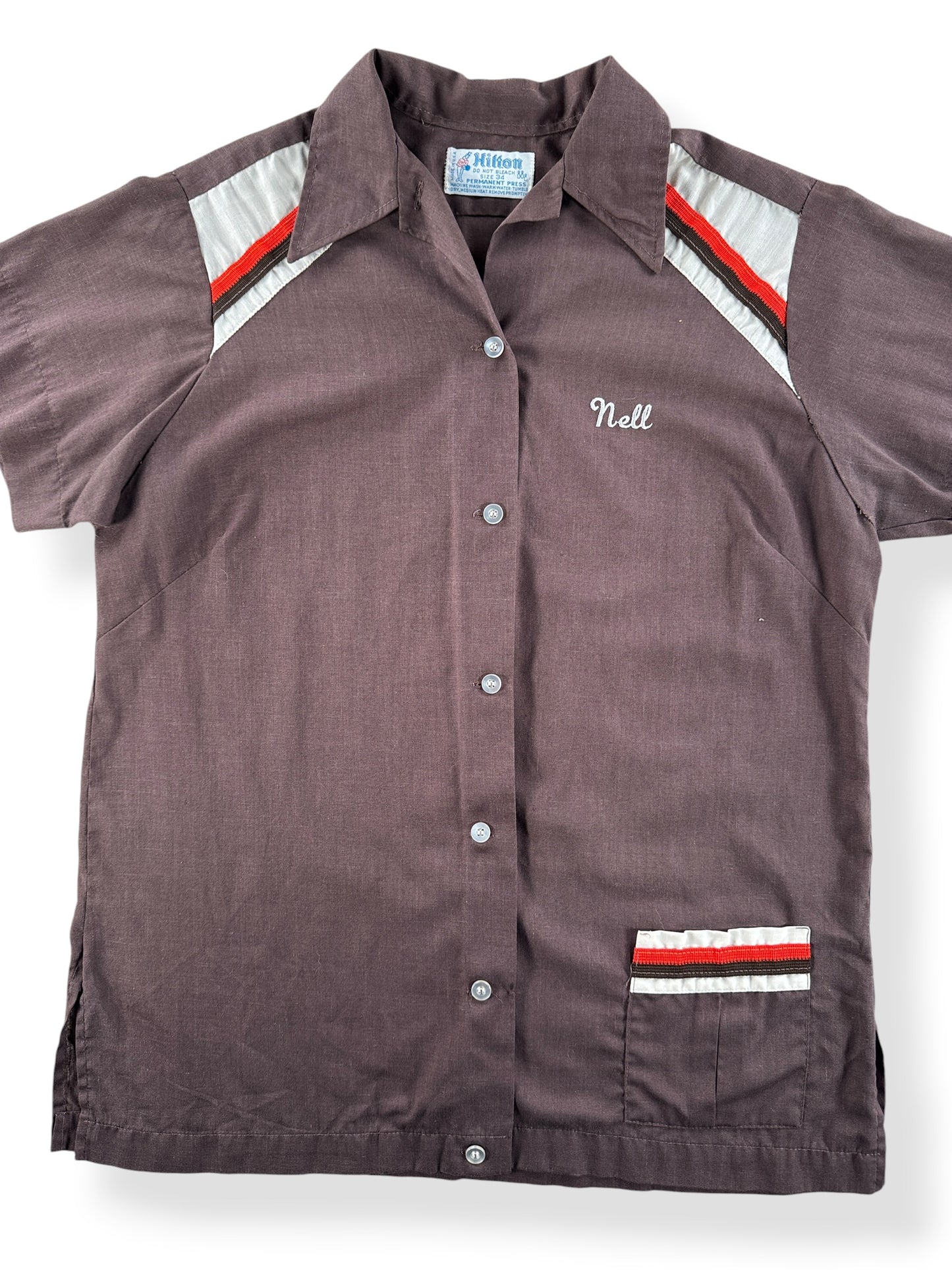 Front Close Up of Vintage Easy Rollers Hilton Bowling Shirt SZ 34