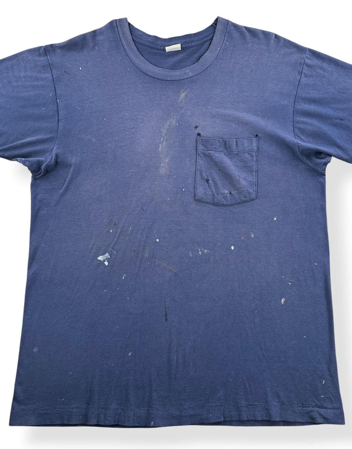 Close-up of Vintage Distressed Navy Blue Pocket Tee SZ L