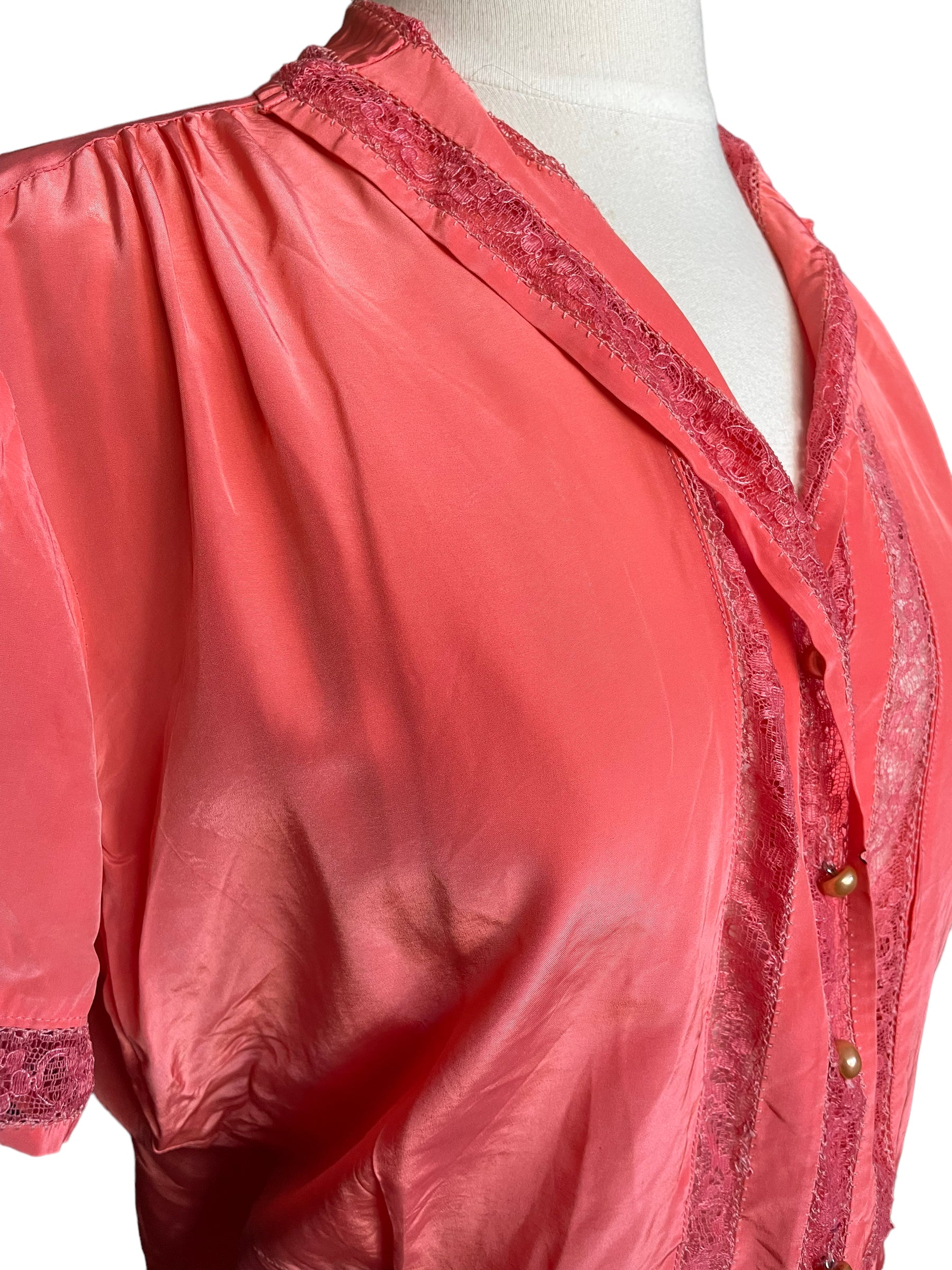 Close up right side front view of Vintage 1940s Satin Coral Blouse | Seattle True Vintage | Barn Owl Ladies Vintage