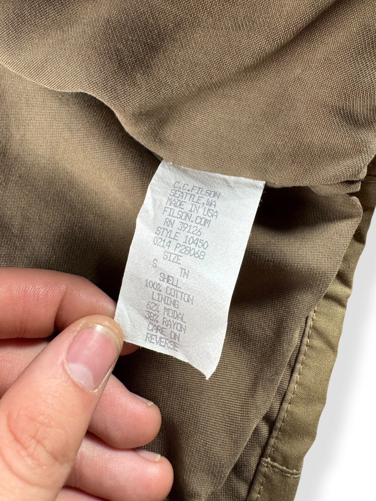Info tag on Filson 2nd Style 10450 Cover Cloth Bomber Jacket SZ S
