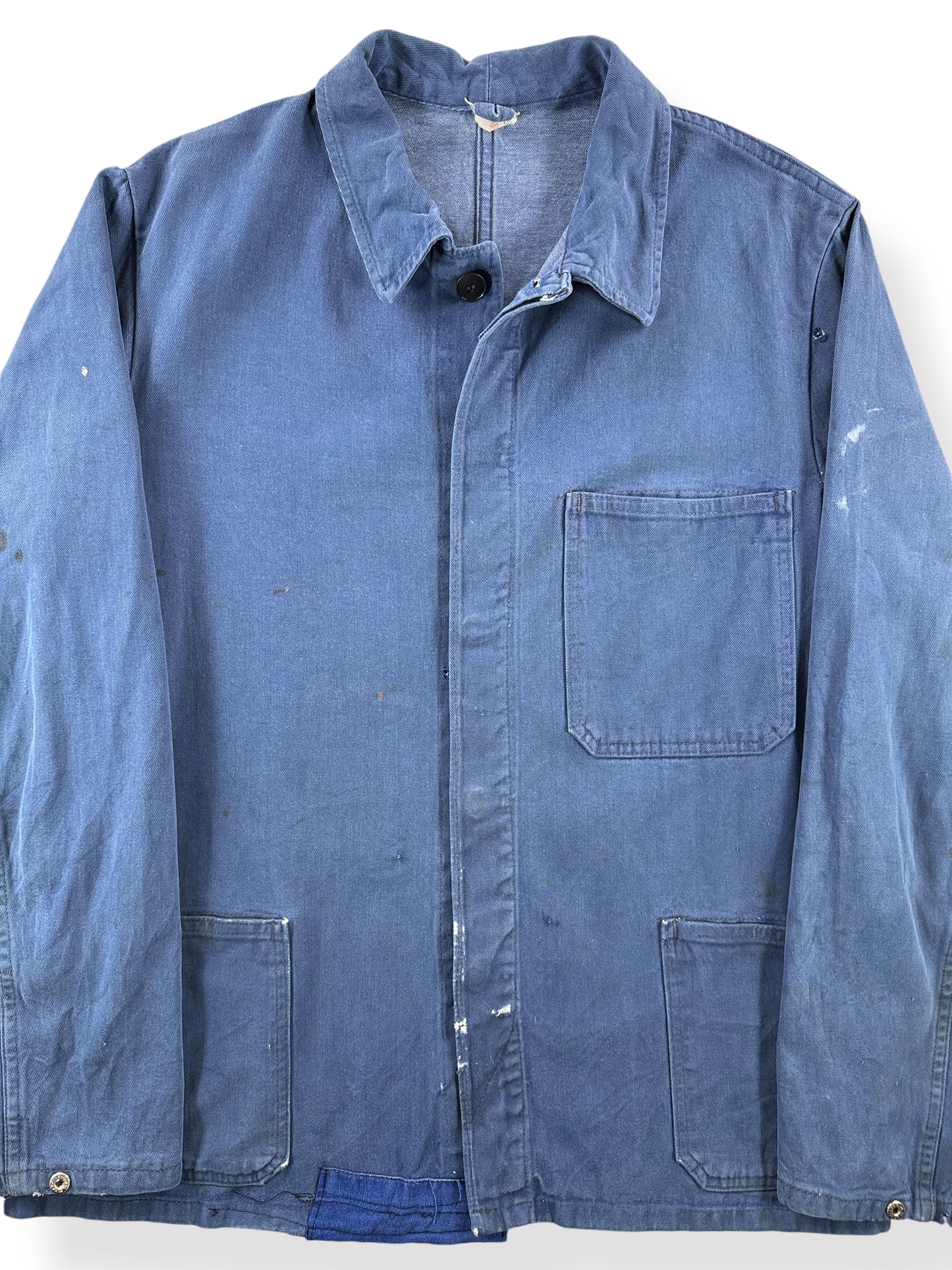 Front Close Up of Vintage Thrashed And Repaired French Chore Coat SZ L