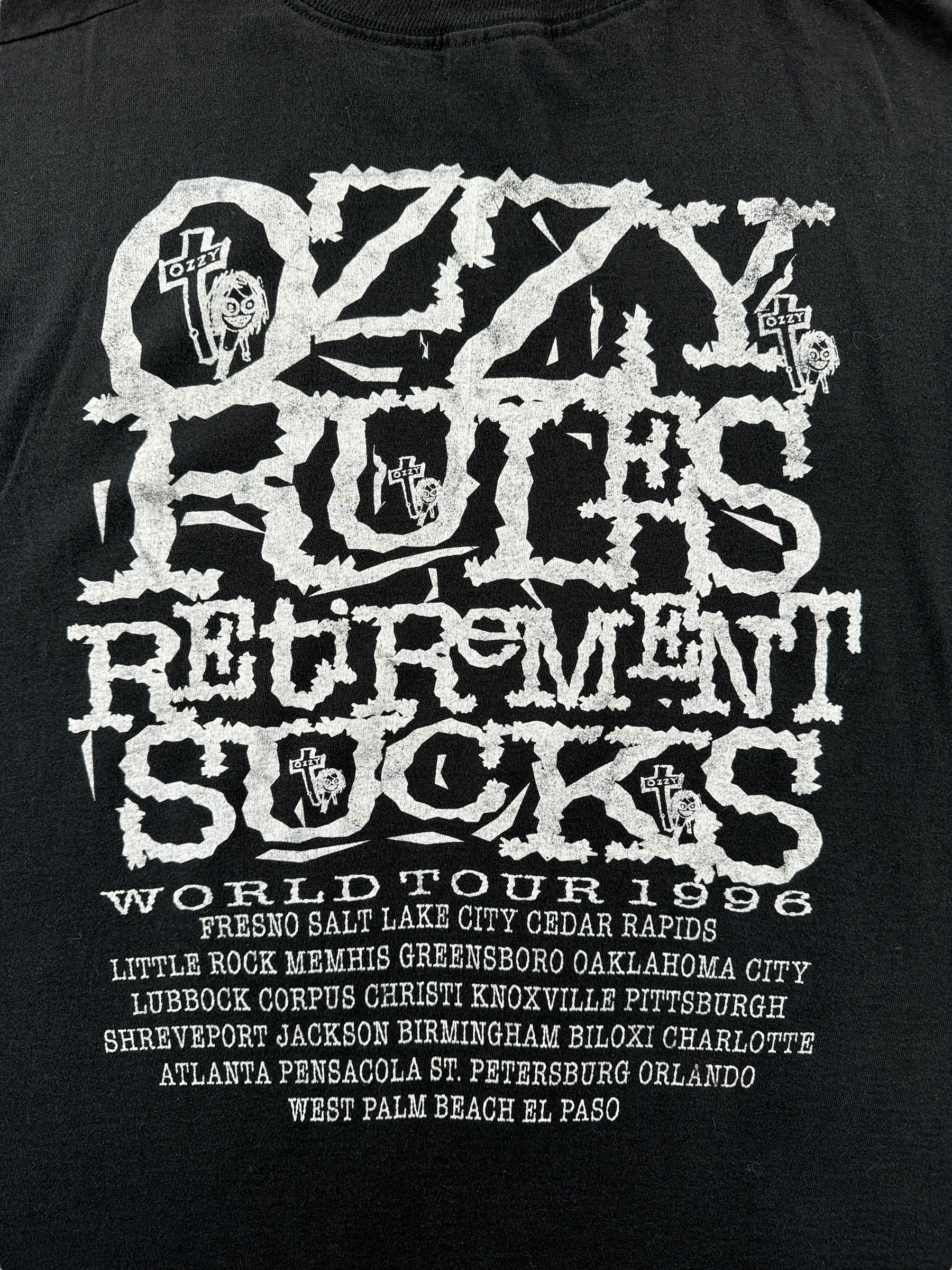 Back Graphic of Vintage Ozzy Retirement Sucks 1996 Tour Tee SZ XL