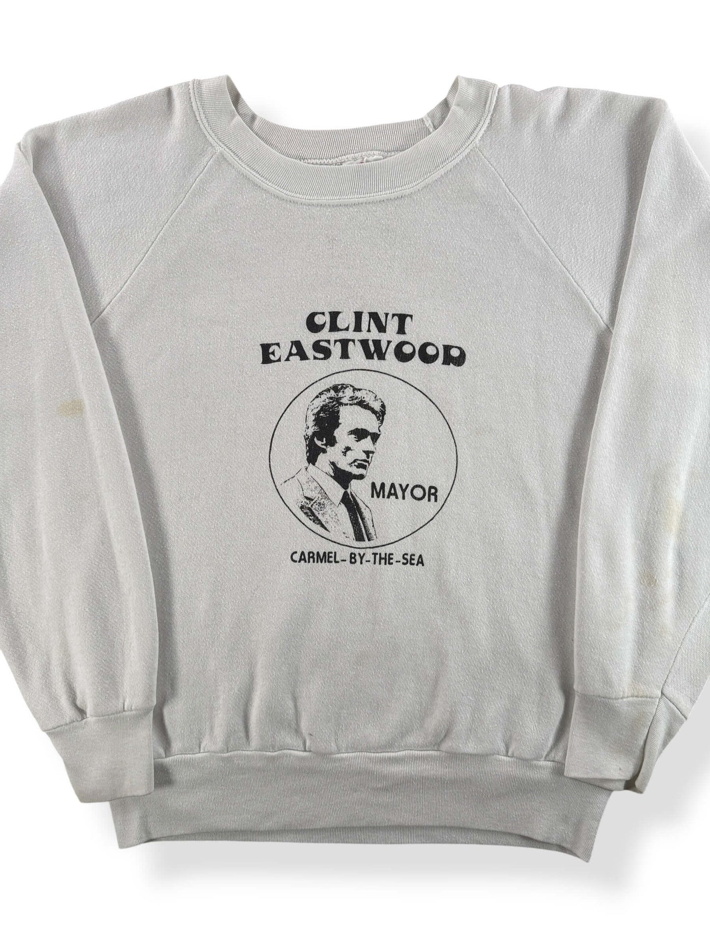 Front Close Up of Vintage Clint Eastwood Mayor Carmel-By-The-Sea Crewneck SZ L