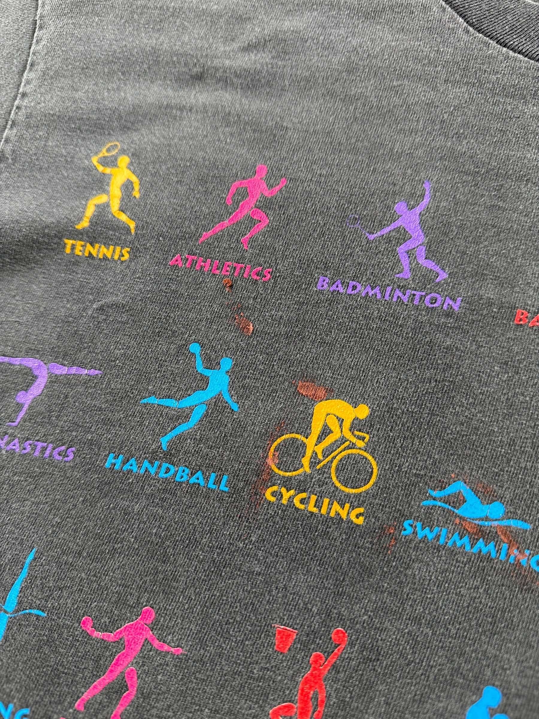 Paint on front of Vintage 1996 Olympics Faded Black Tee SZ M