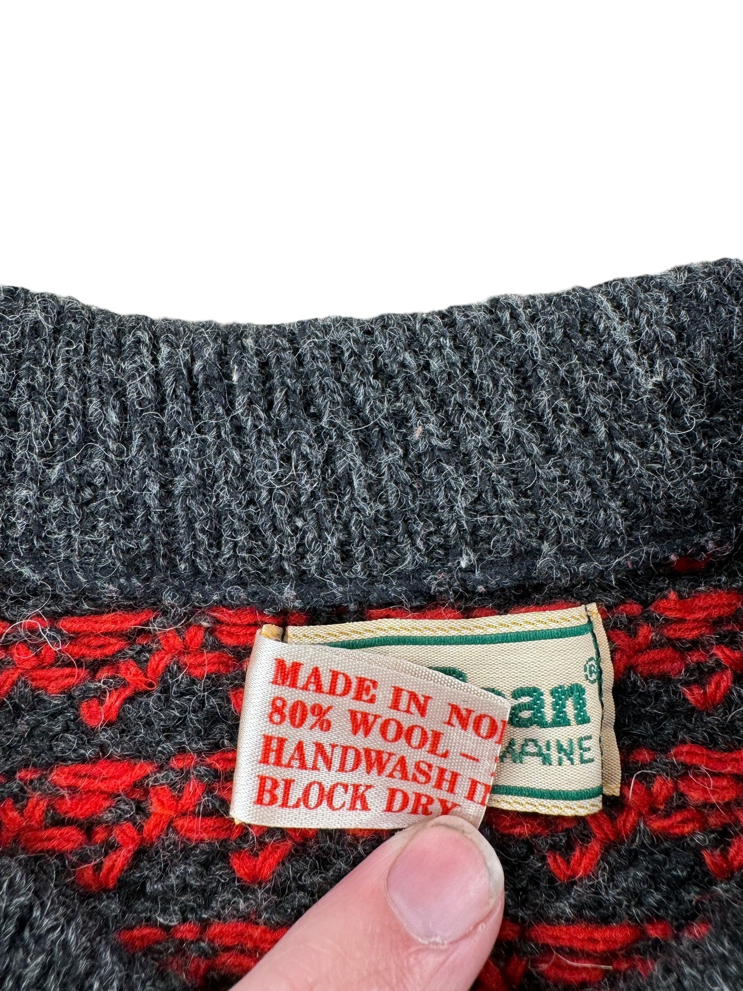 Tag on Vintage Ladies LL Bean Birdseye Nordic Cardigan Red & Grey SZ M