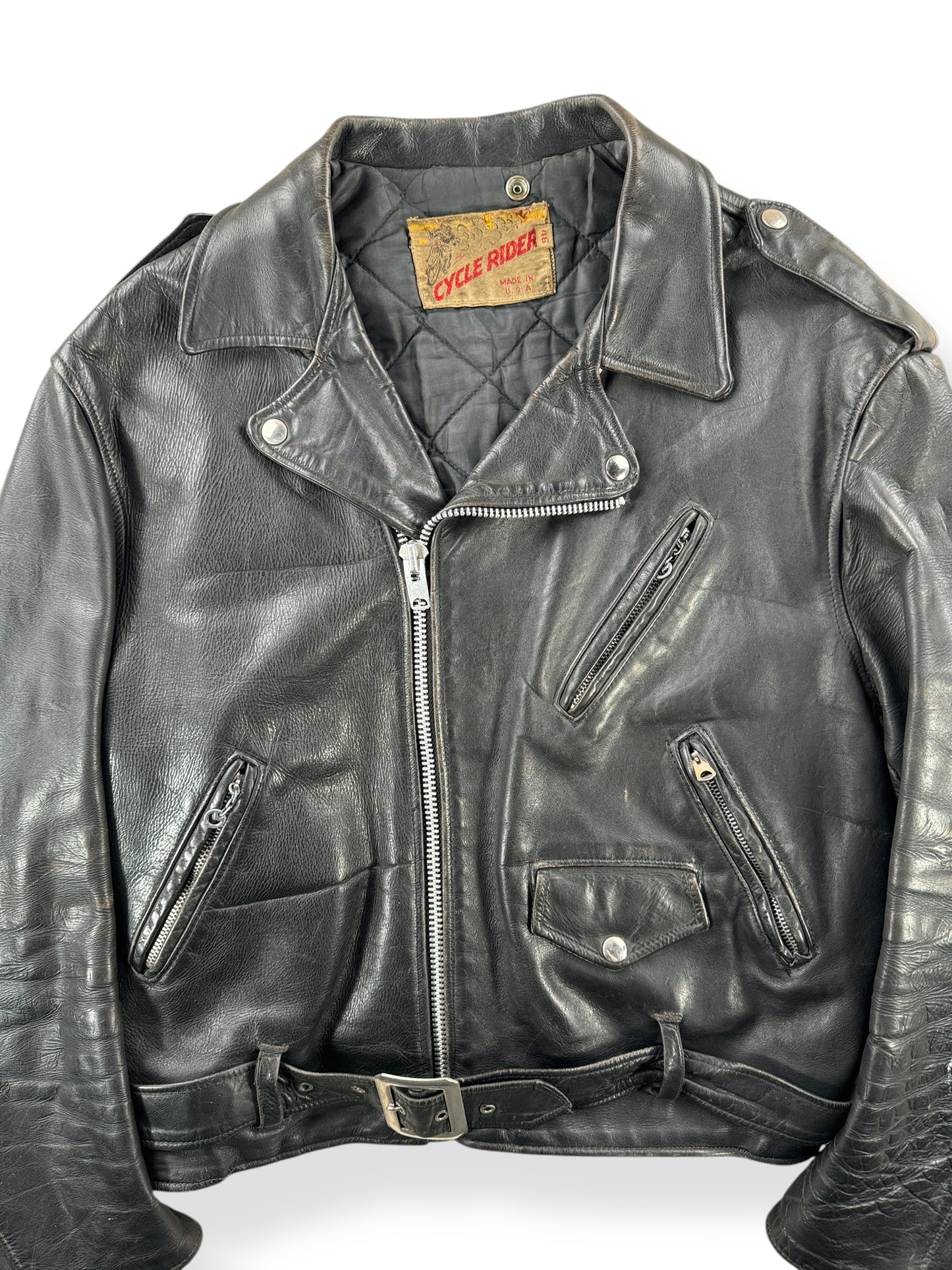 Front Close Up of Vintage Cycle Rider Leather Jacket SZ 46