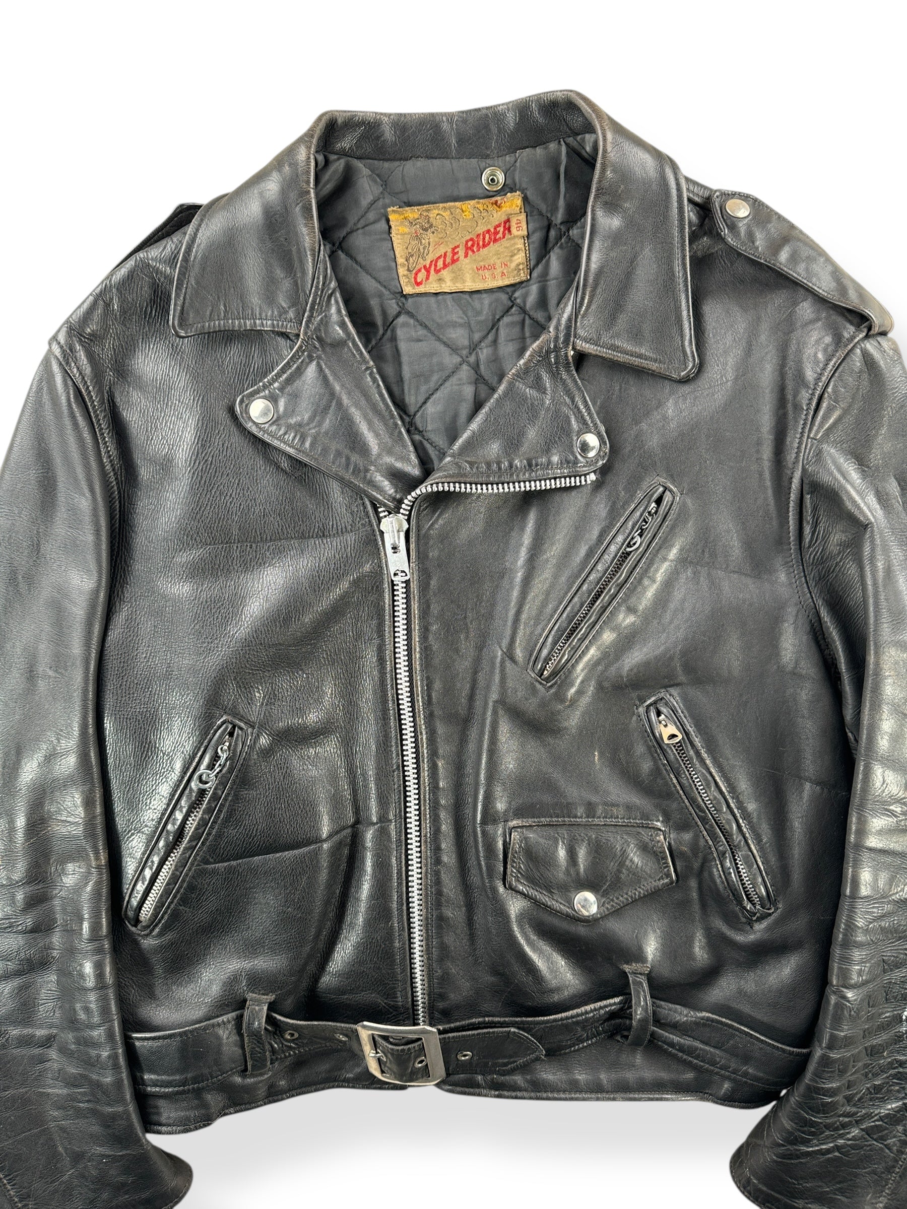 Front Close Up of Vintage Cycle Rider Leather Jacket SZ 46
