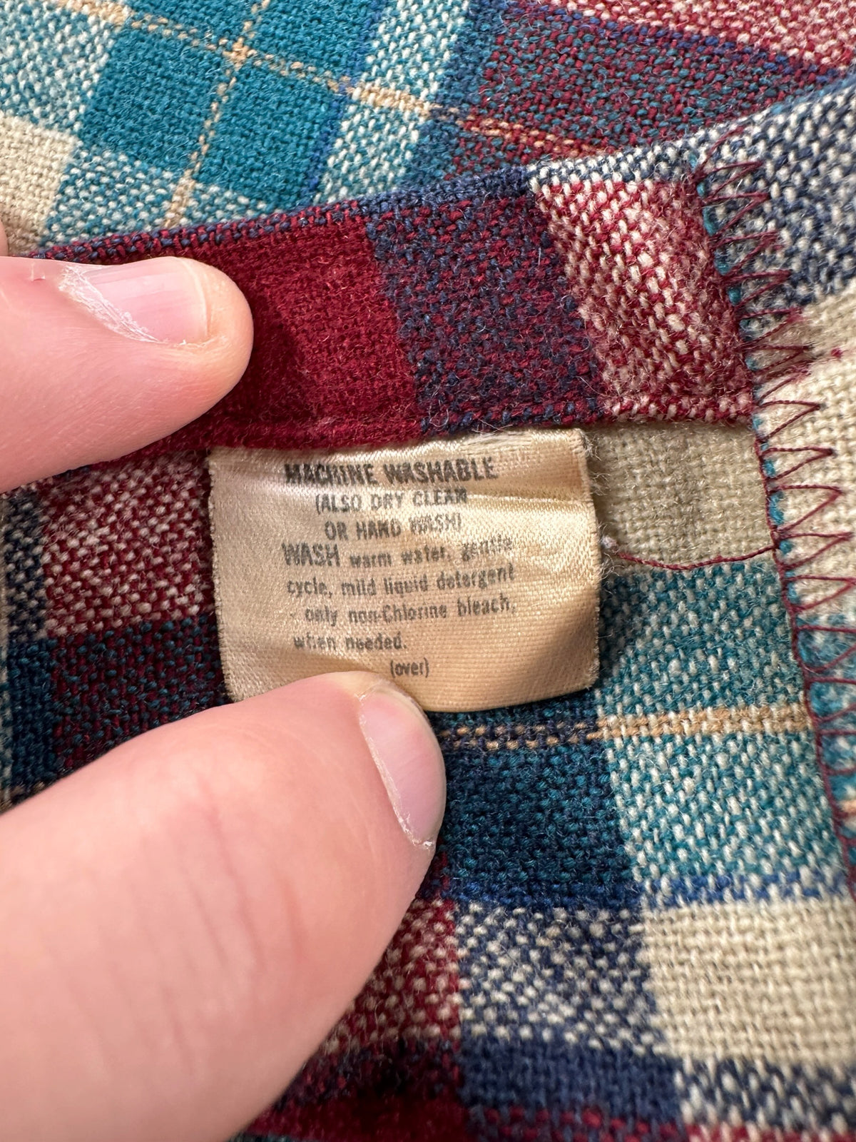 Care tag on Vintage Pendleton Maroon Plaid Board Shirt W/ Elbow Pads SZ L - AS IS