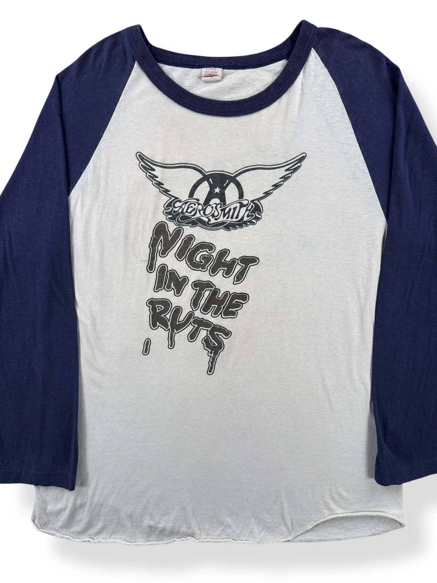 Front Close Up of Vintage Aerosmith Right in the Nuts Raglan Tee SZ XL (Fits M)