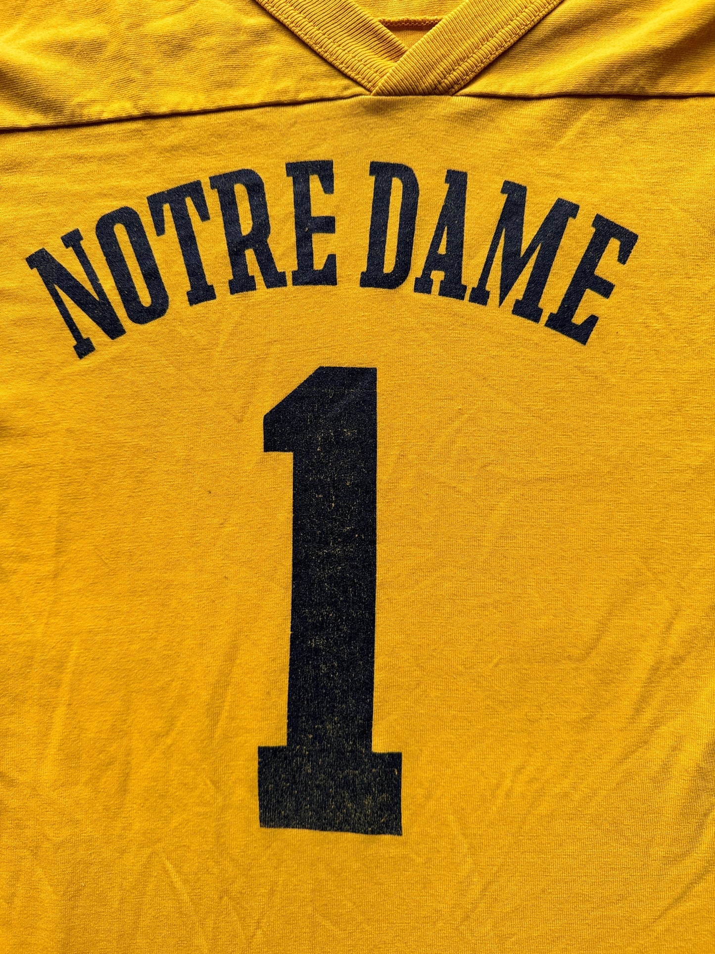 Graphic on Vintage Champion Blue Bar Notre Dame Jersey SZ XL