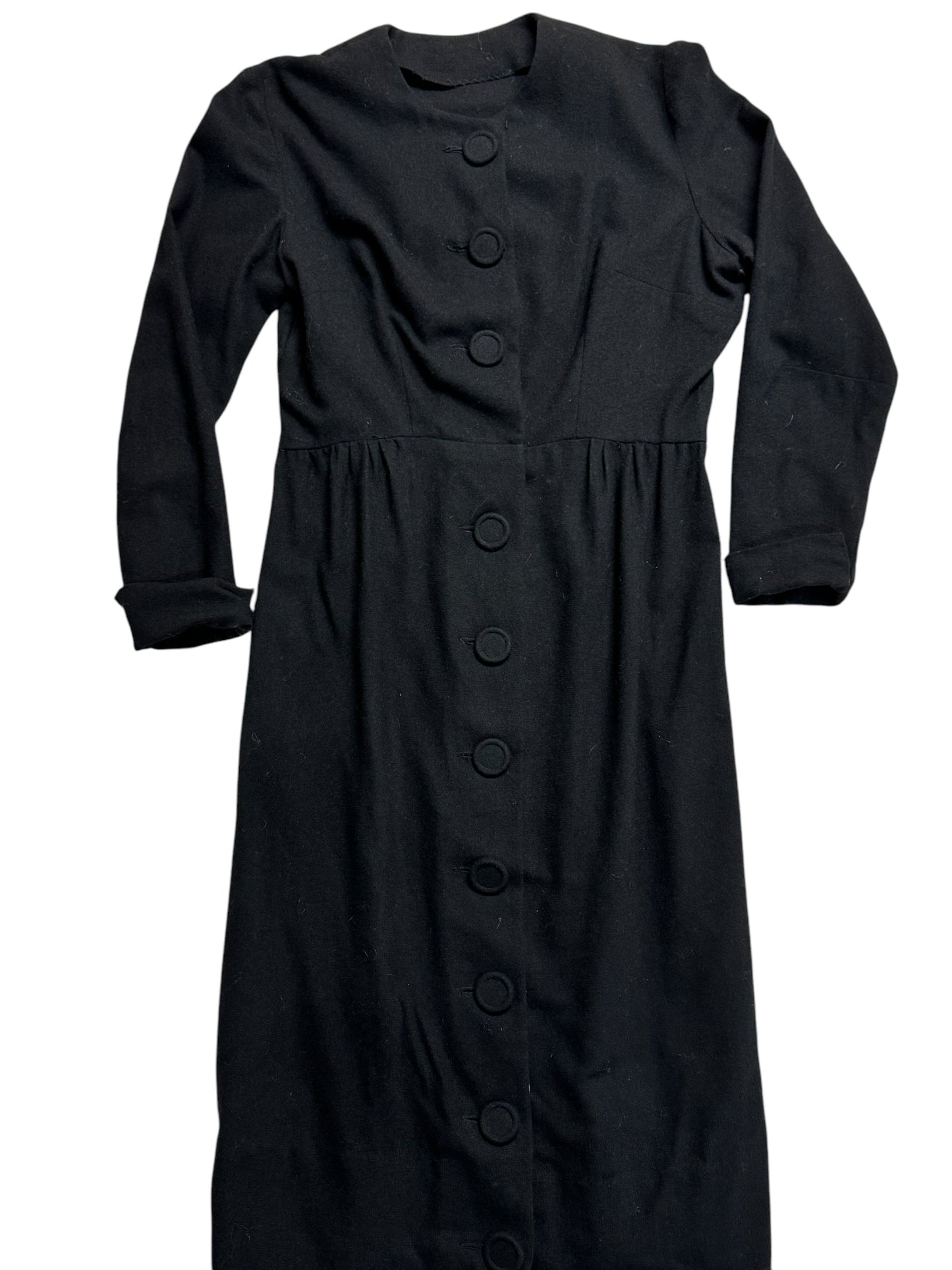 Front view of 1960s Black Wool Button Up Dress S
