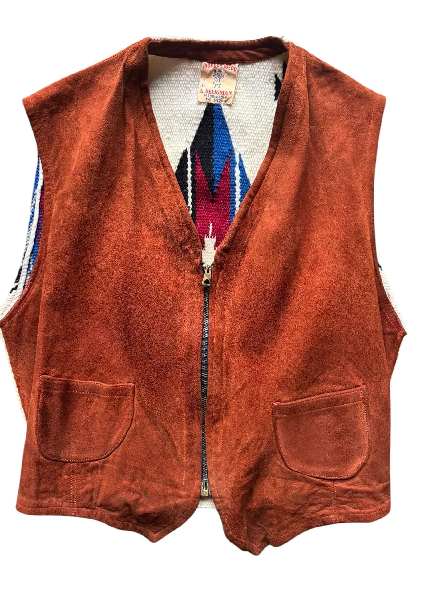 Front flat lay 1930s Pioneer Wear Chimayo and Suede Vest S
