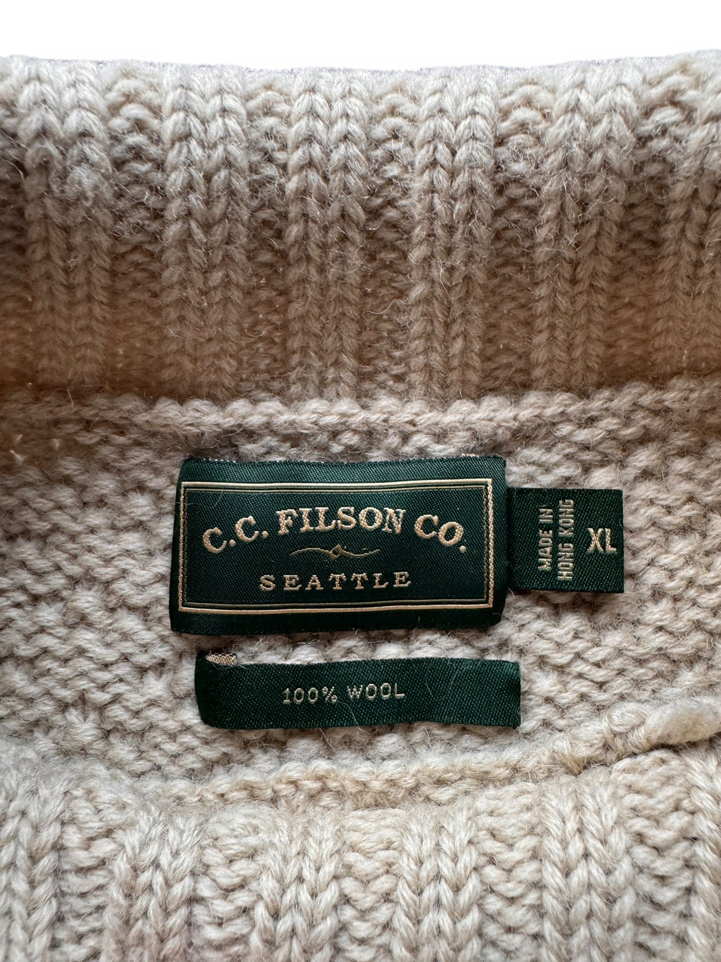 tag on Filson Wool Fisherman Sweater SZ XL