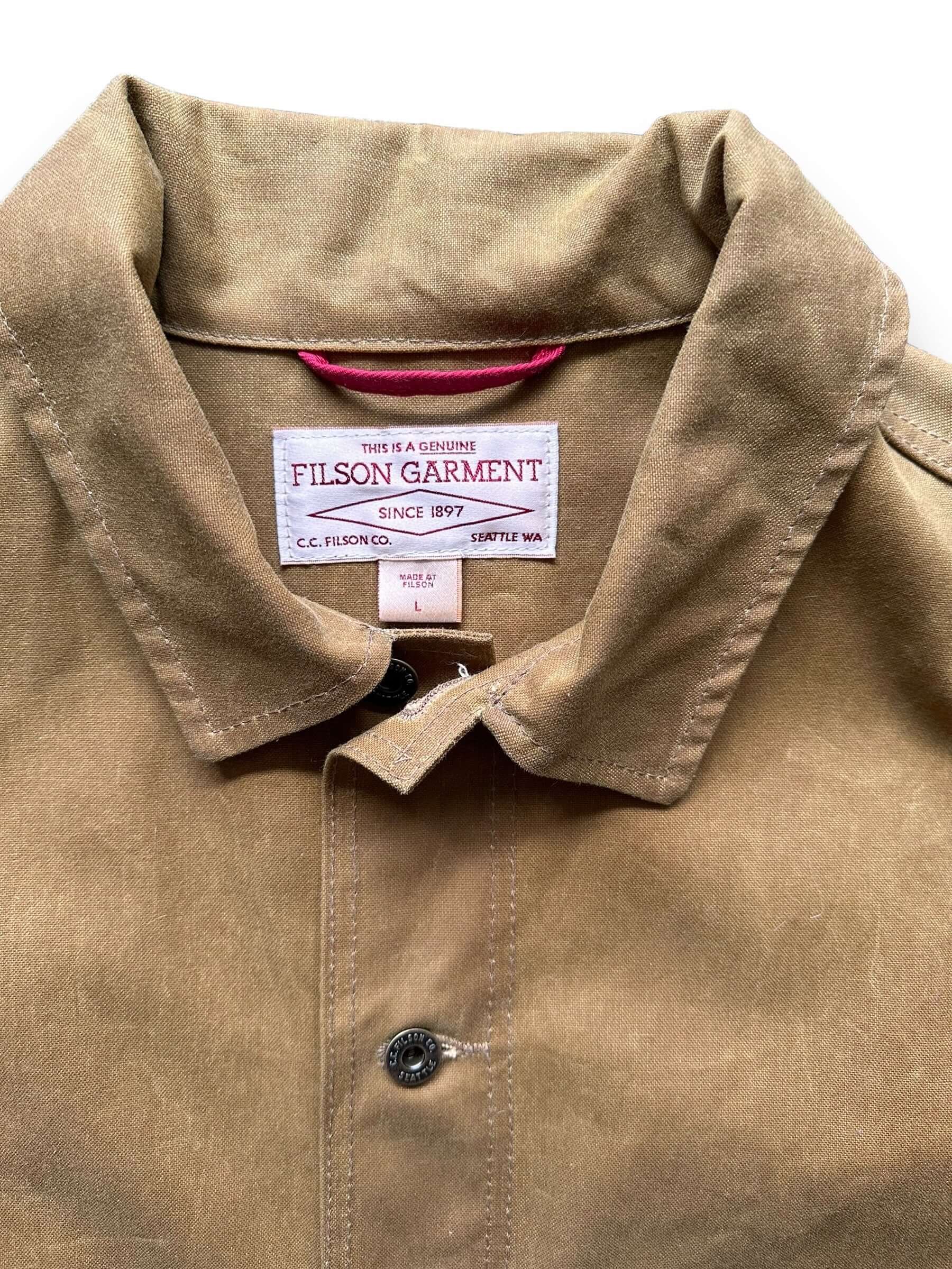 Tag View of Filson Tin Cloth Cruiser Jacket SZ L | Filson Workwear Seattle