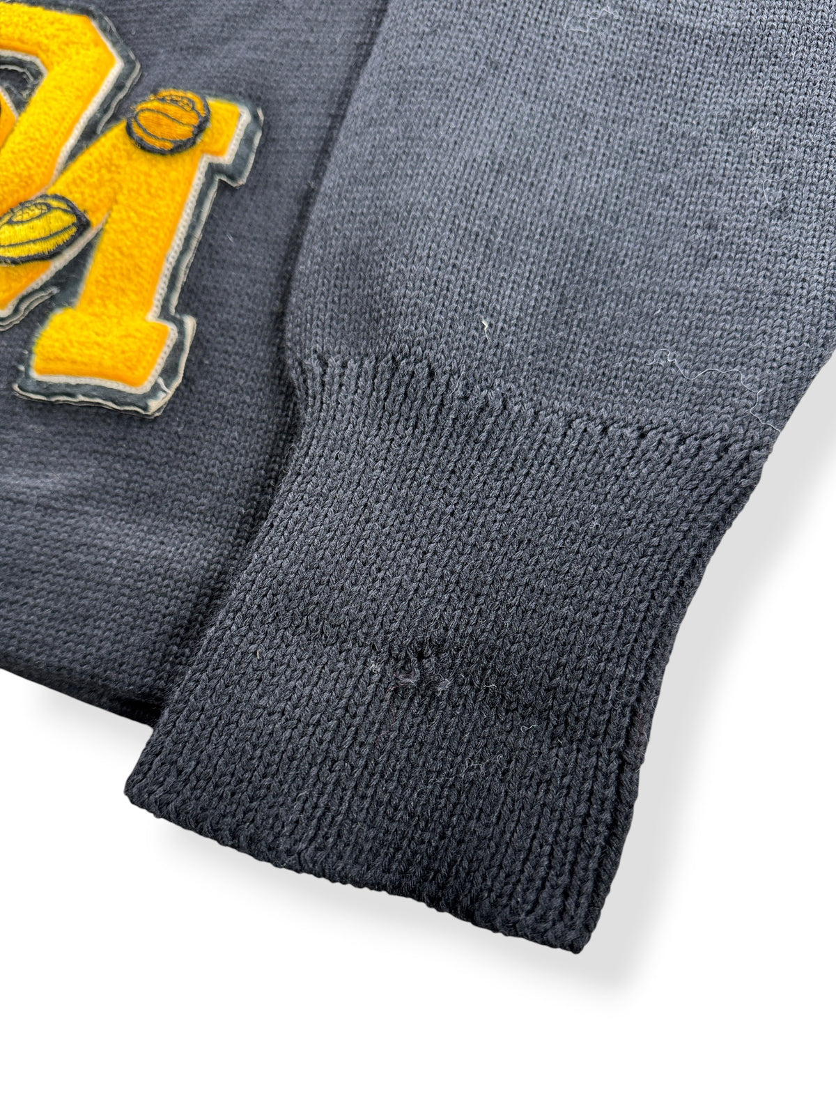 Ware on cuff of Vintage Wool Lettermans Sweater with Medals + Pins SZ M