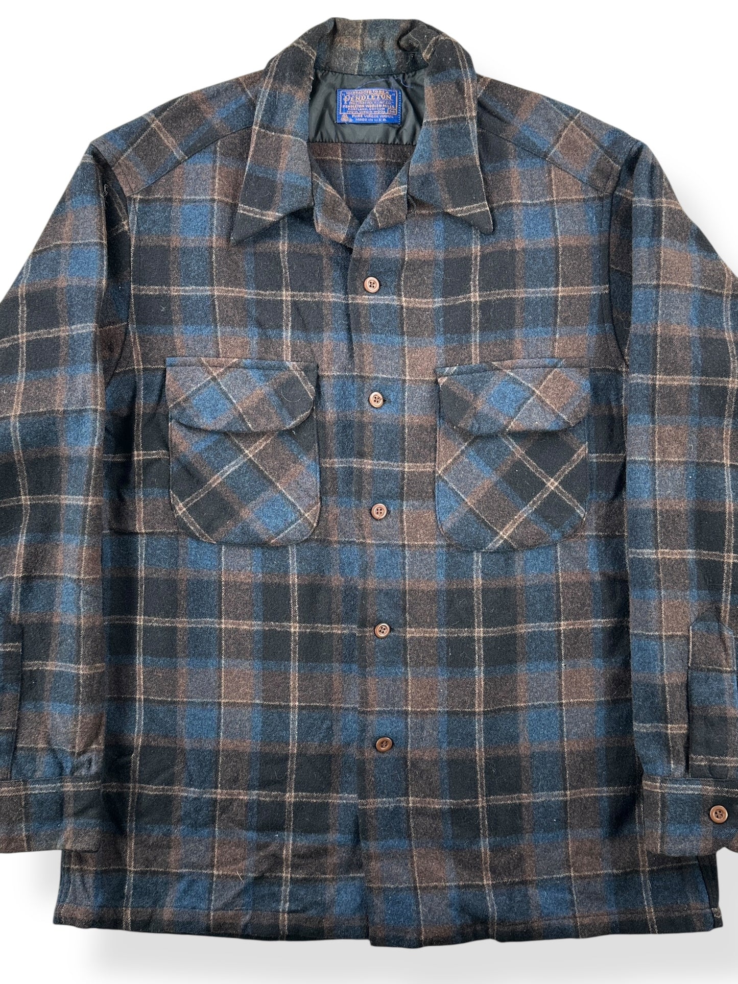 Front Close Up of Vintage Dark Brown and Blue Pendleton Board Shirt SZ M