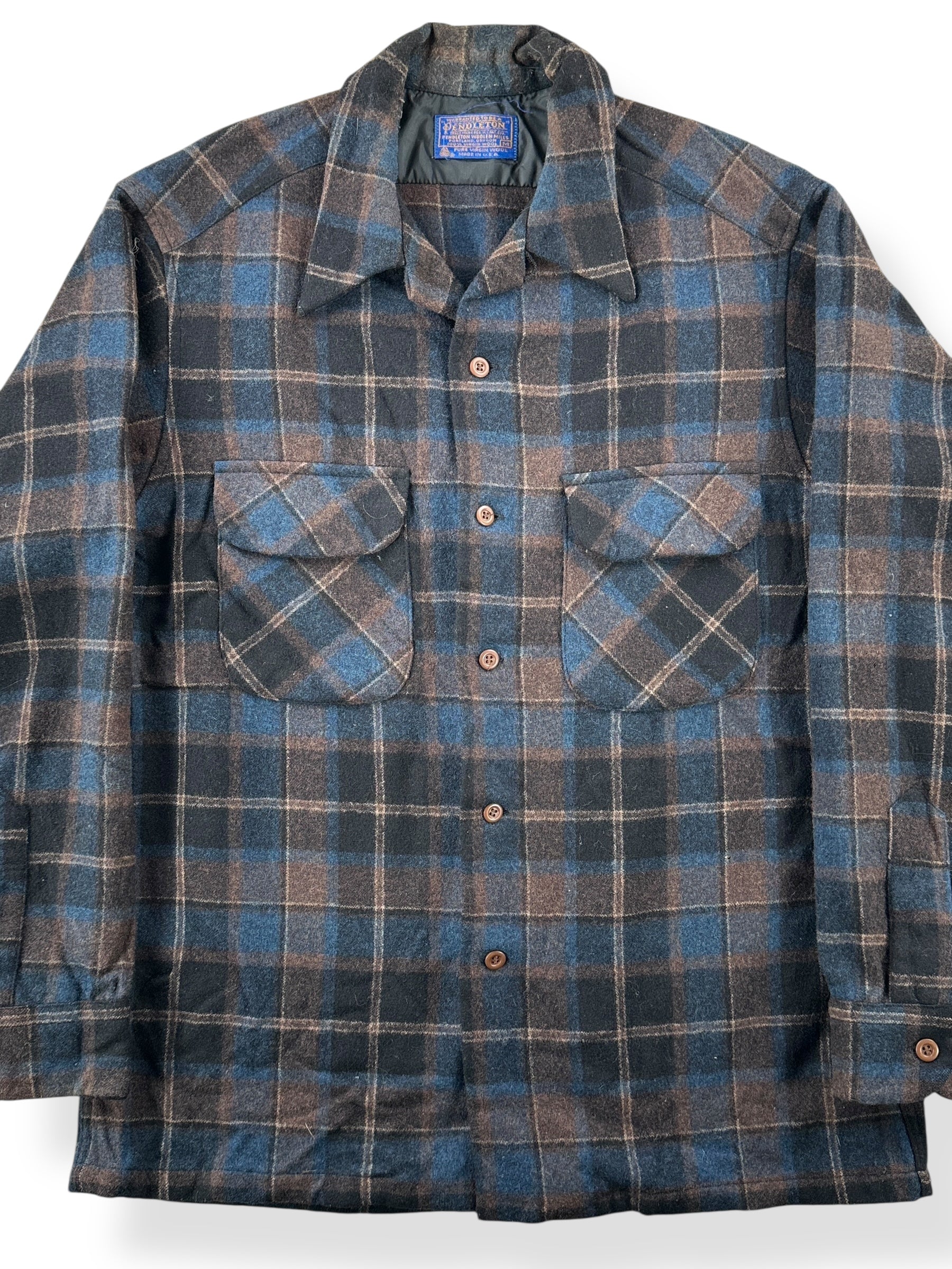 Front Close Up of Vintage Dark Brown and Blue Pendleton Board Shirt SZ M