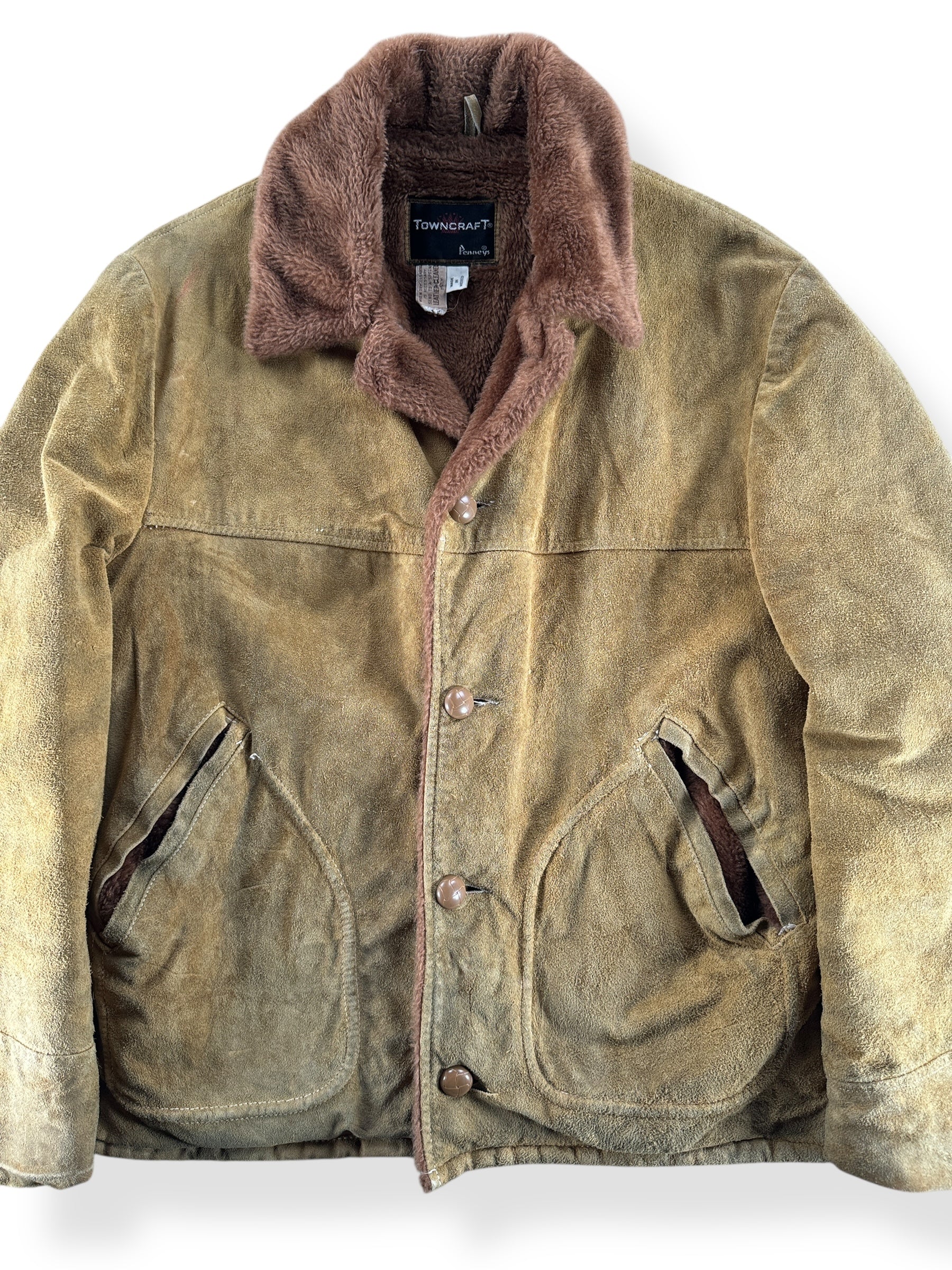 Front Close Up of Vintage Suede Fur Lined Towncraft Jacket SZ L
