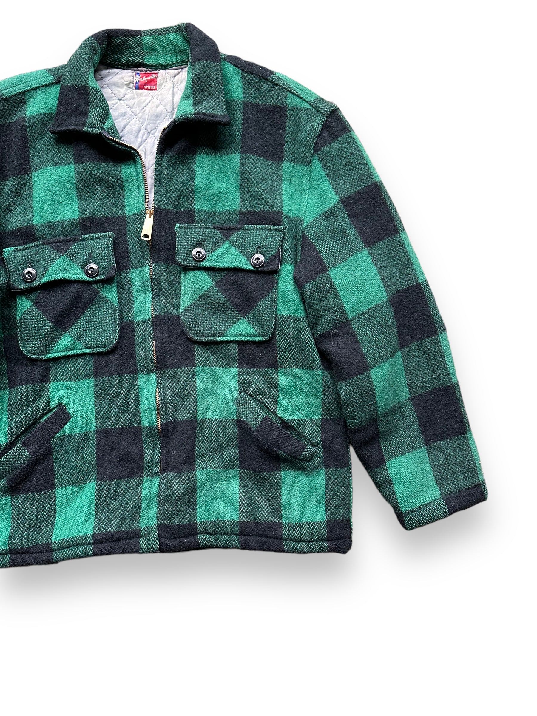 Front Left View of Vintage Green & Black Spiegel Workmaster Jacket SZ L | Vintage Wool Jacket Seattle | Barn Owl Vintage Seattle