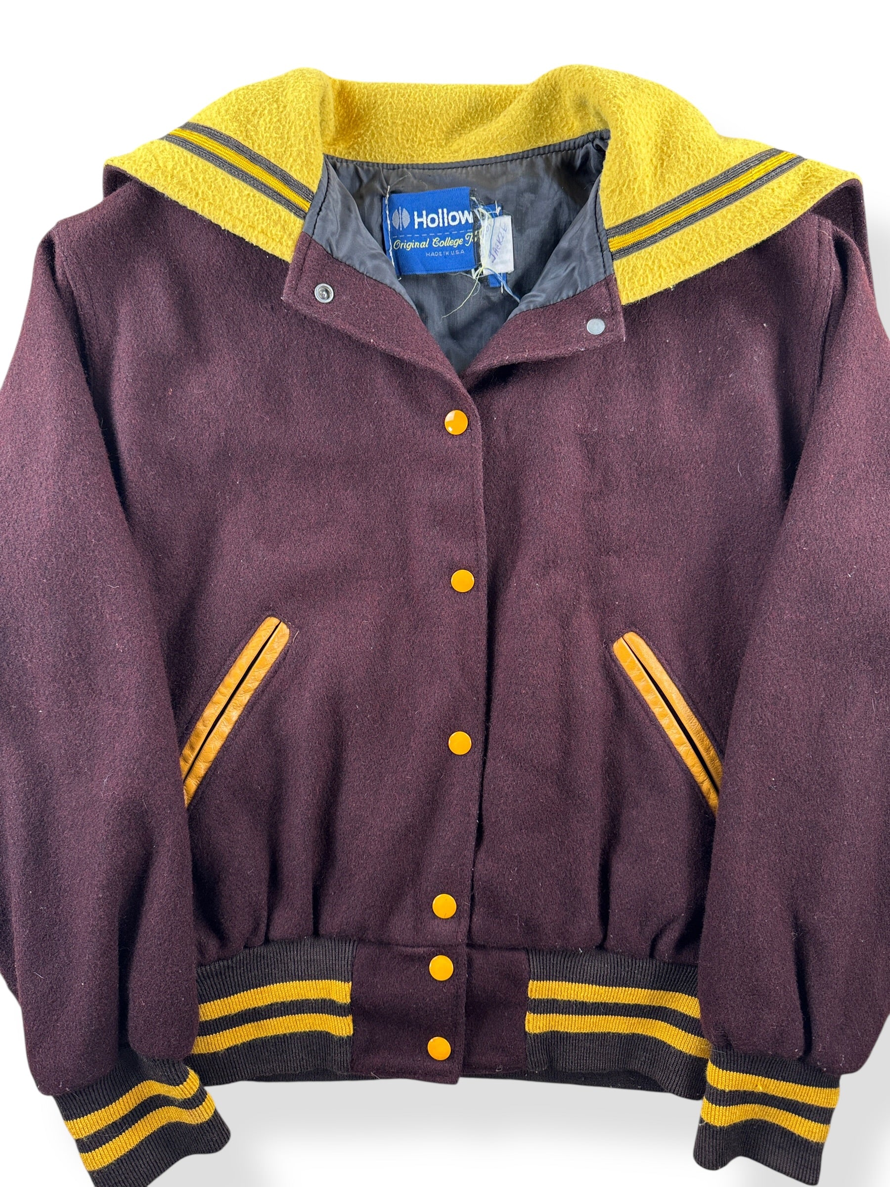 Front Close Up of Vintage Hooded Varsity Jacket SZ L