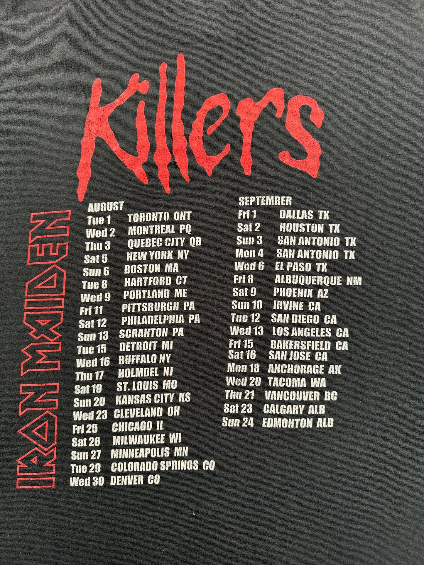 Back graphic of Vintage 97' Iron Maiden Killers Tour Tee SZ XL