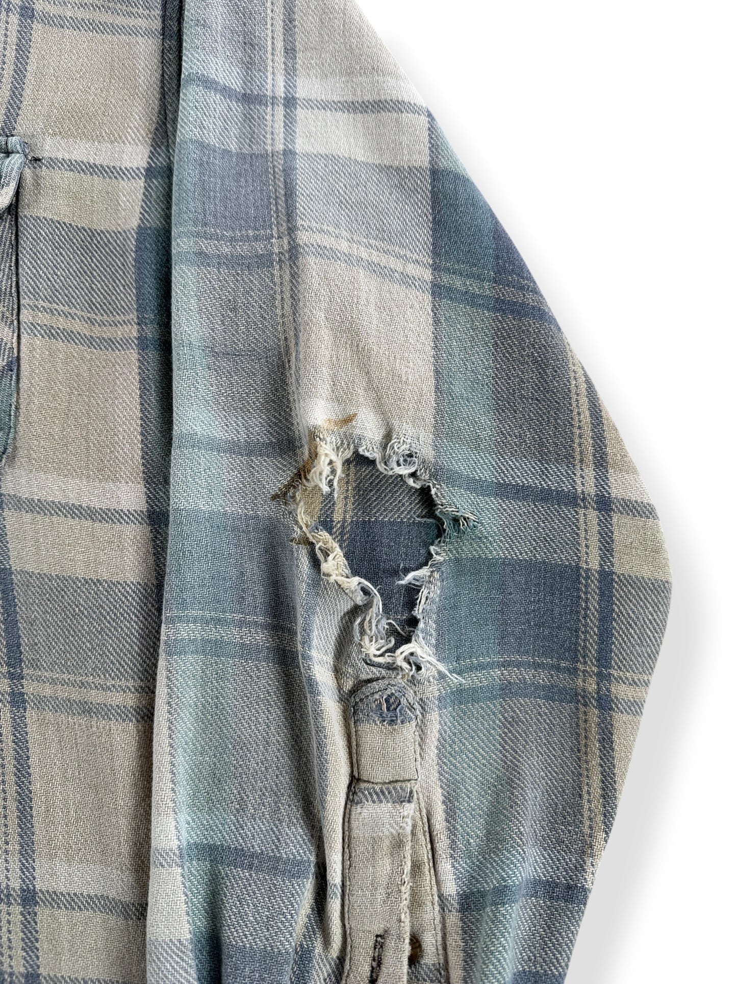Left Elbow Hole on Vintage NW Territory Thrashed Cotton Flannel SZ XL
