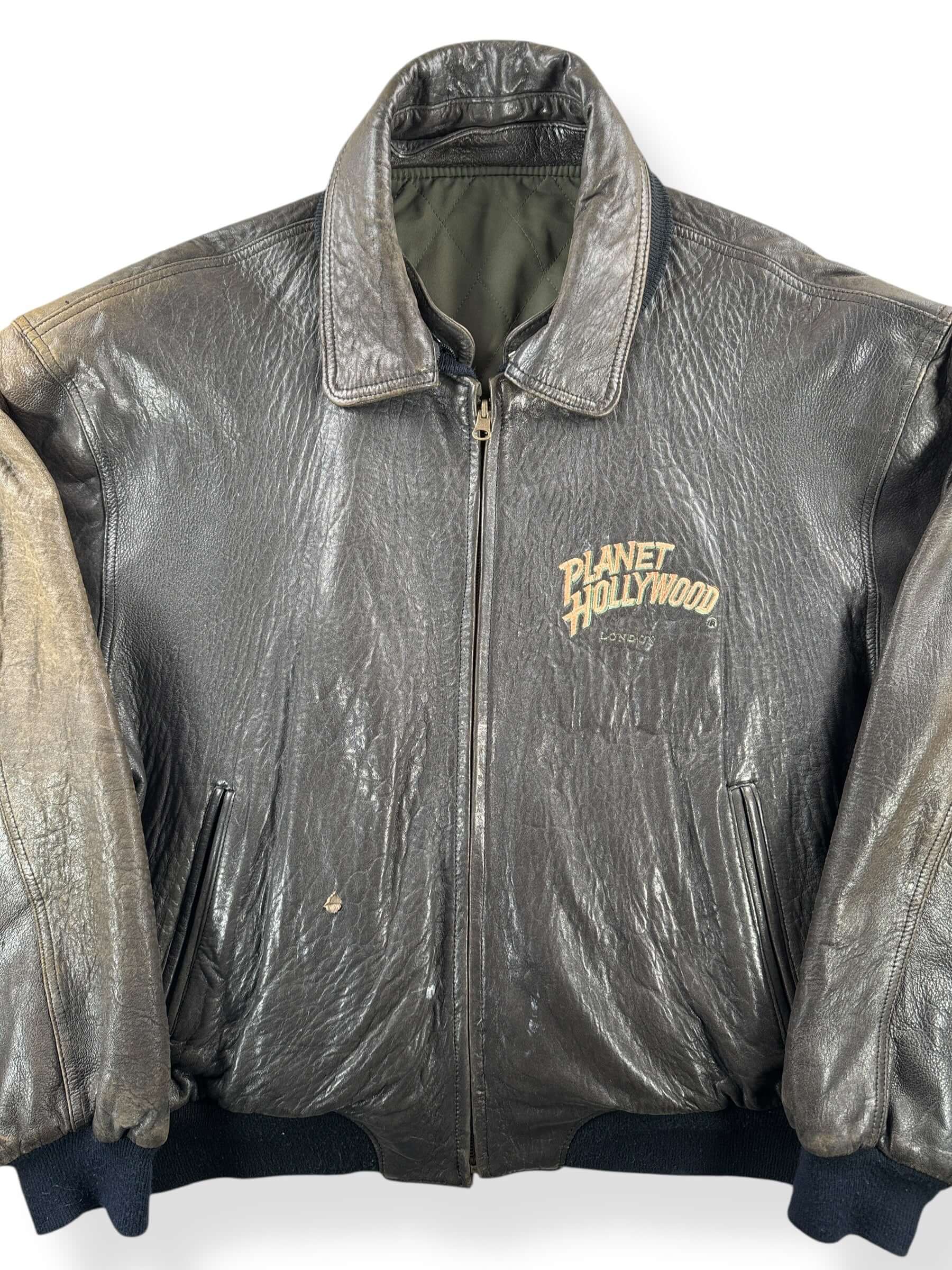 Front Close Up of Vintage Planet Hollywood Leather Jacket SZ XL
