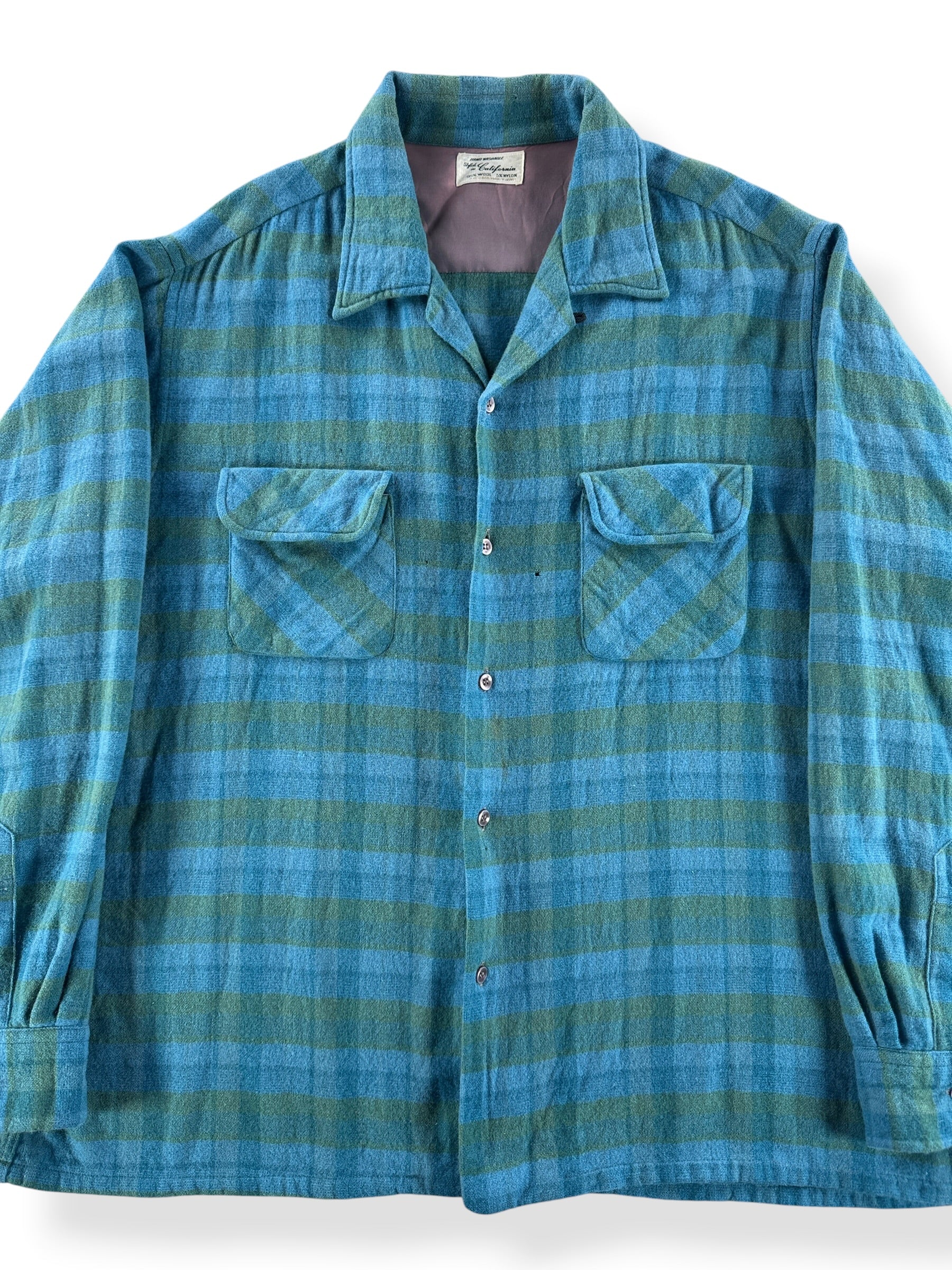 Front Close Up of Vintage California Wool Blend Flannel Board Shirt SZ XL