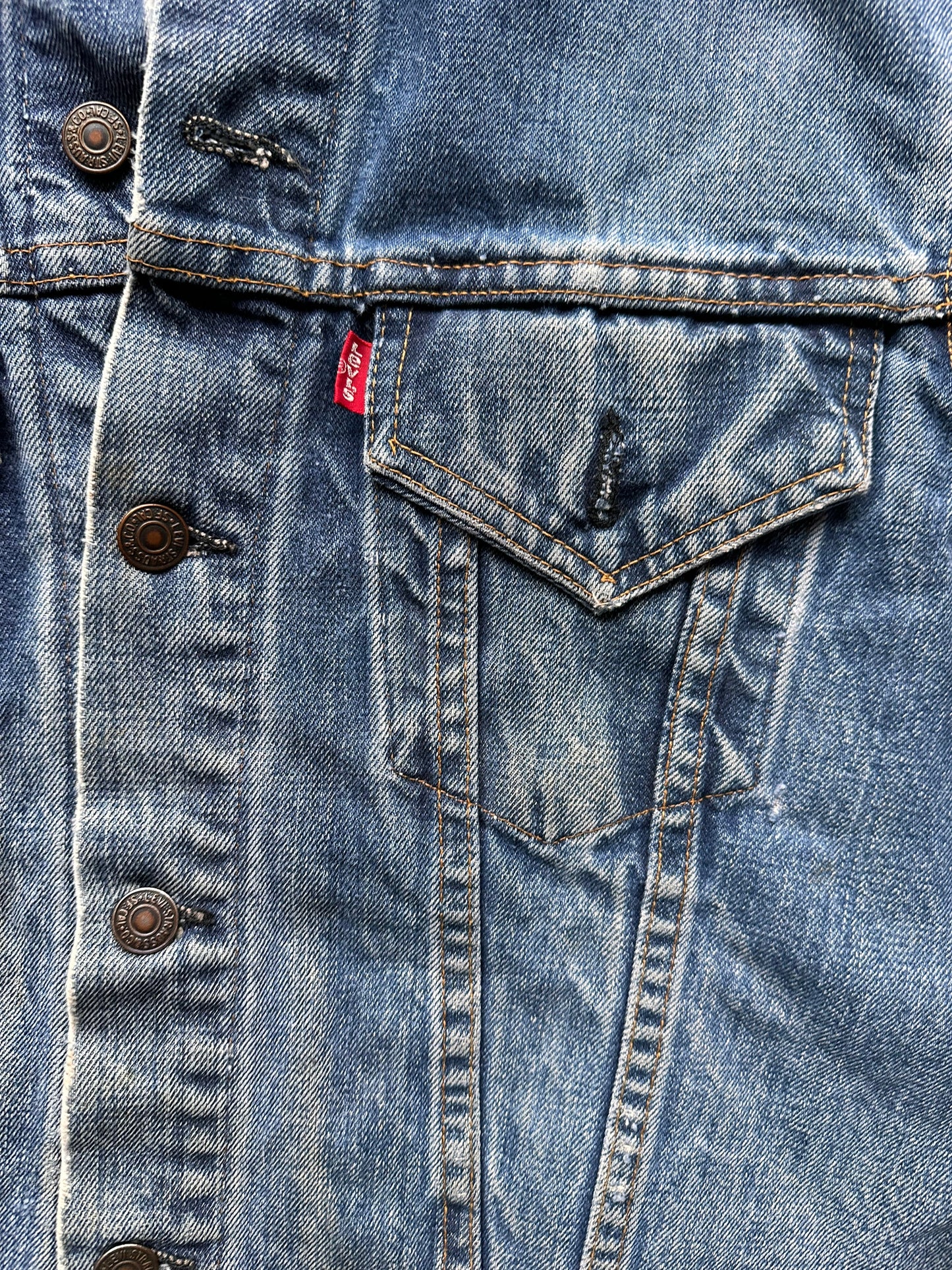 Front Right Pocket View of Vintage Levis Type 3 Denim Trucker Jacket SZ 42 | Vintage Levis Jacket Seattle | Seattle Vintage Denim Clothing
