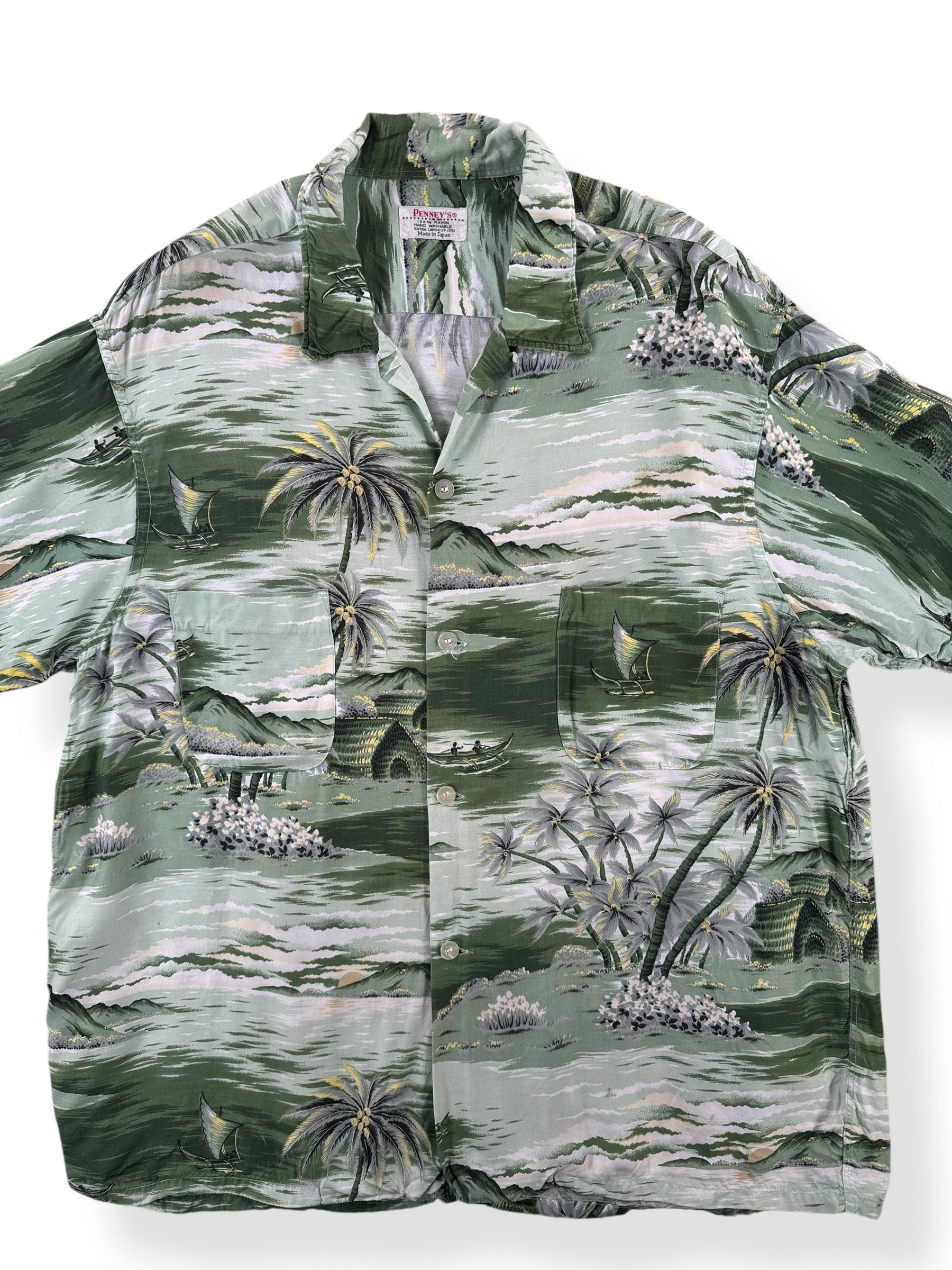 Front Close Up of Vintage Penney's Green Themed Rayon Aloha Shirt SZ XL