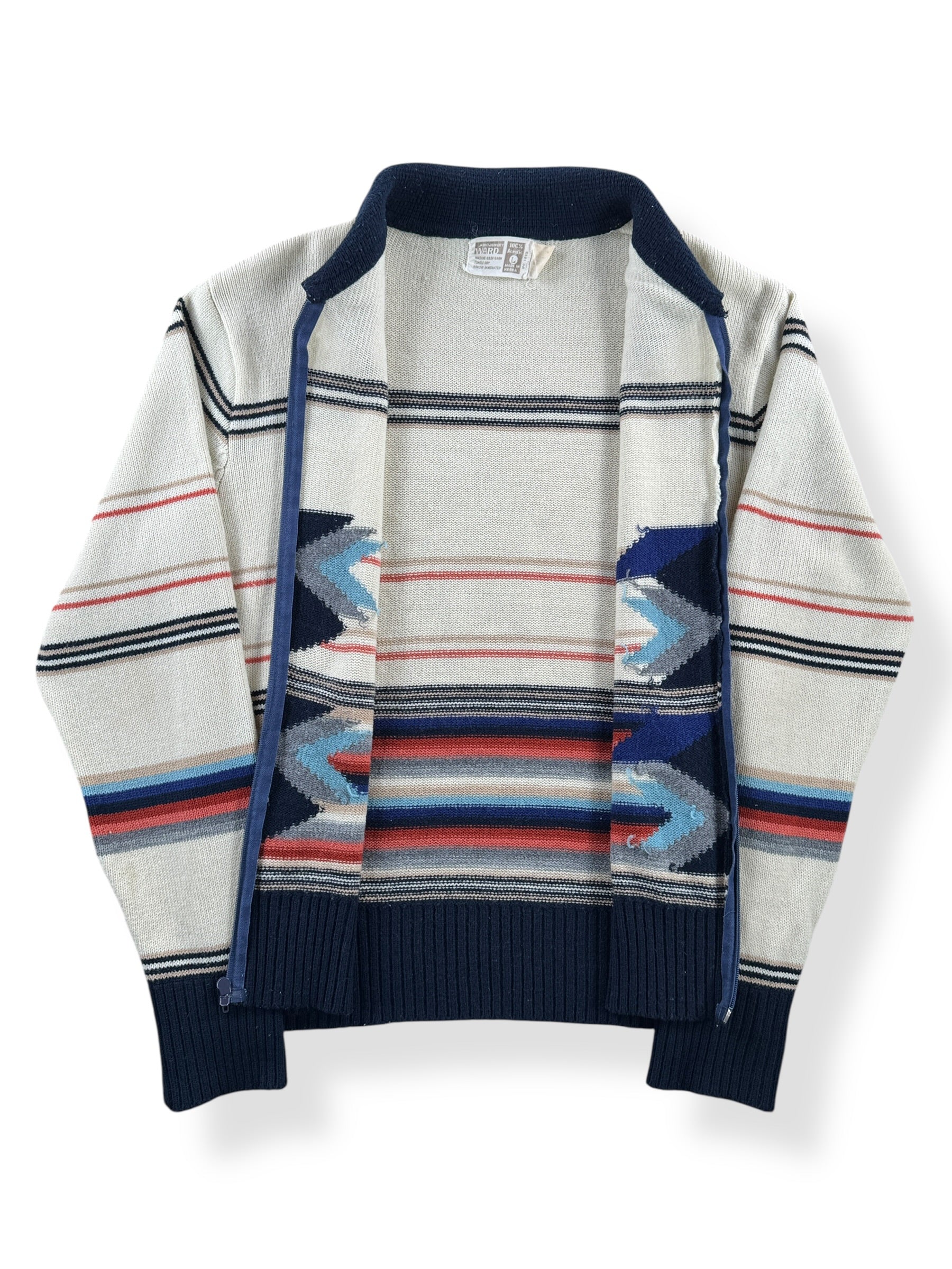 Inside of Vintage 70s MW Aztec Acrylic Zip Up Sweater SZ L (Fits S)