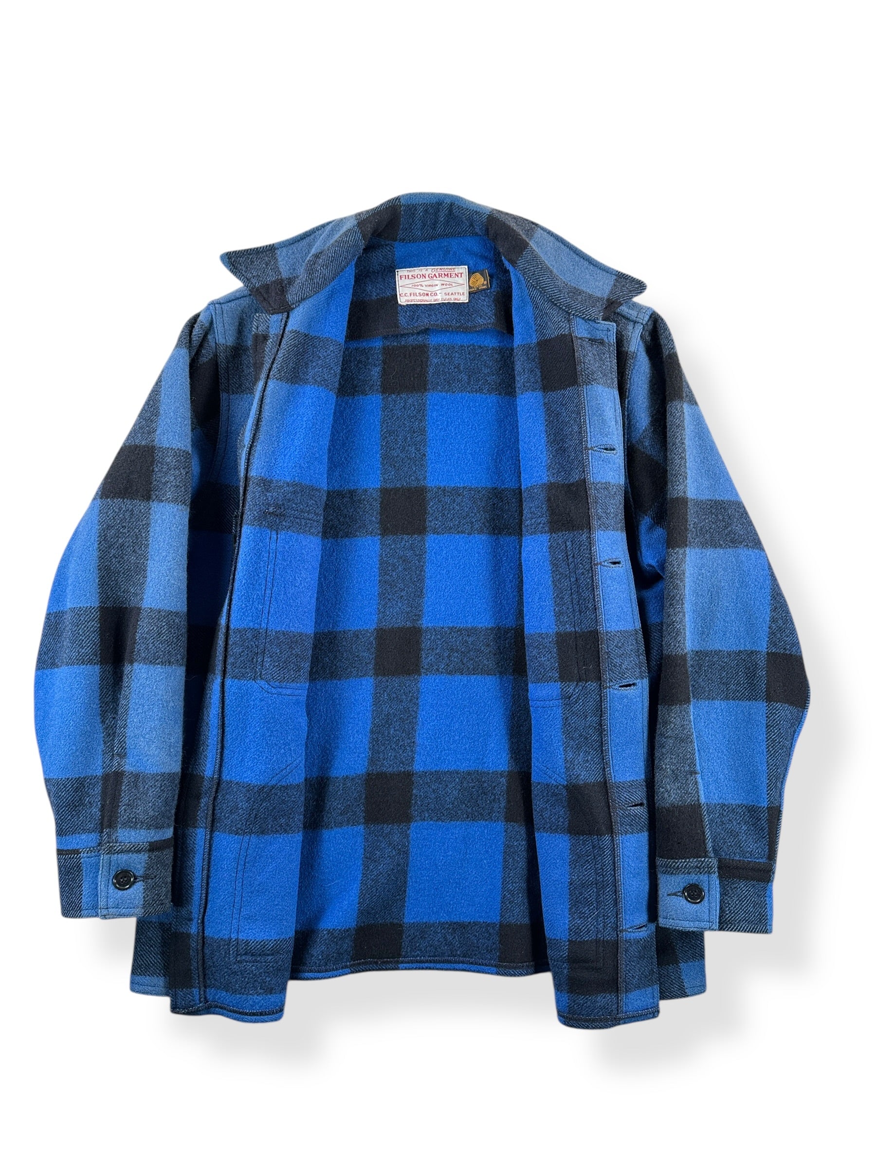 Inside of Vintage 80s Era Filson Cobalt Blue & Black Hunter Style 85 Jacket SZ 40