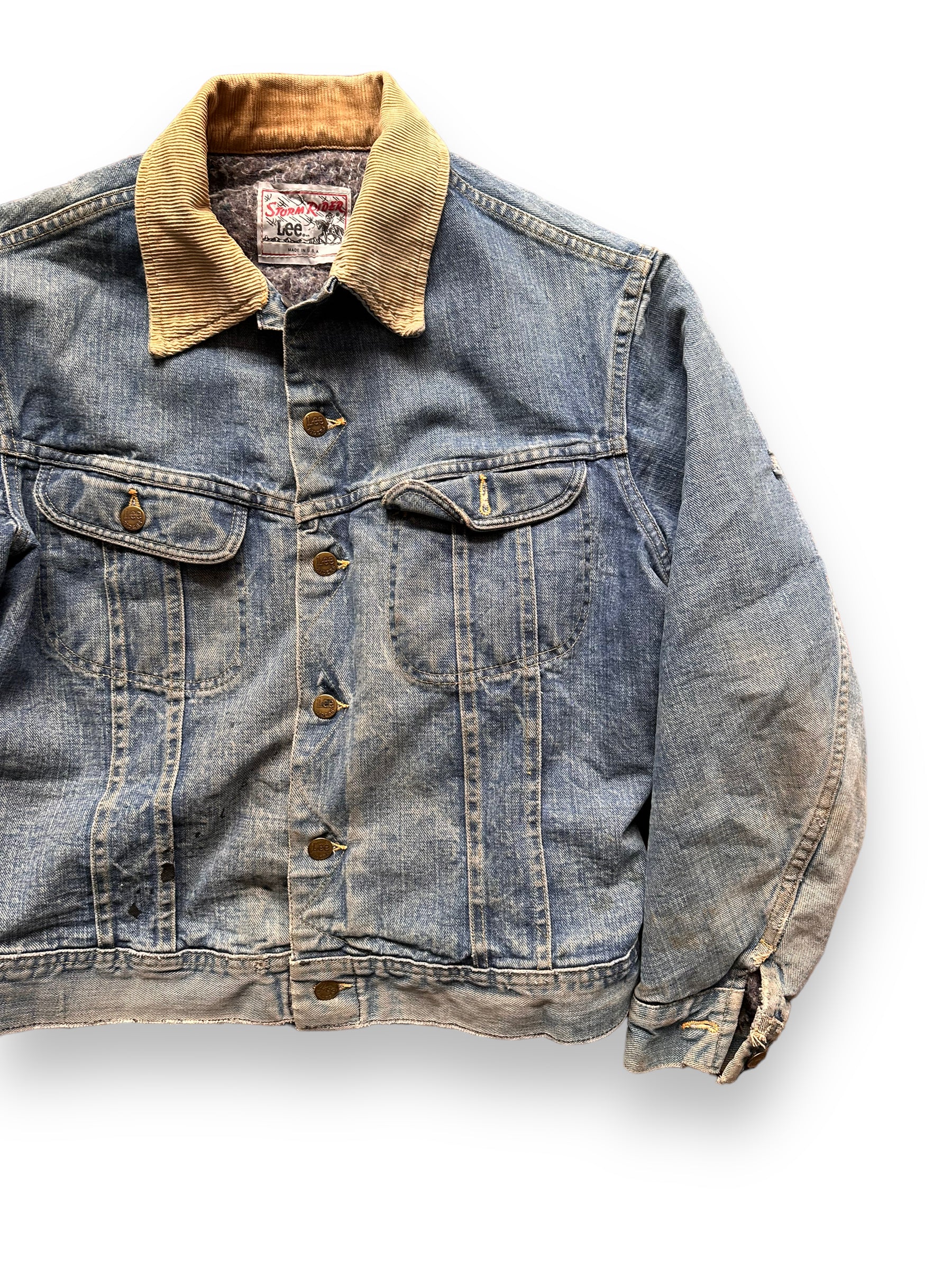 Front Left View of Vintage Blanket Lined Lee Storm Rider Denim Jacket SZ L| Barn Owl Vintage | Seattle True Vintage Workwear