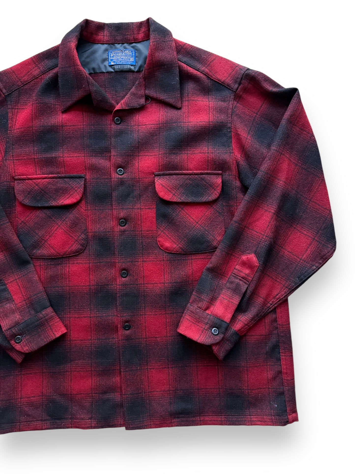 front left of Vintage Pendleton Red/Black Shadowplaid Board Shirt SZ XL