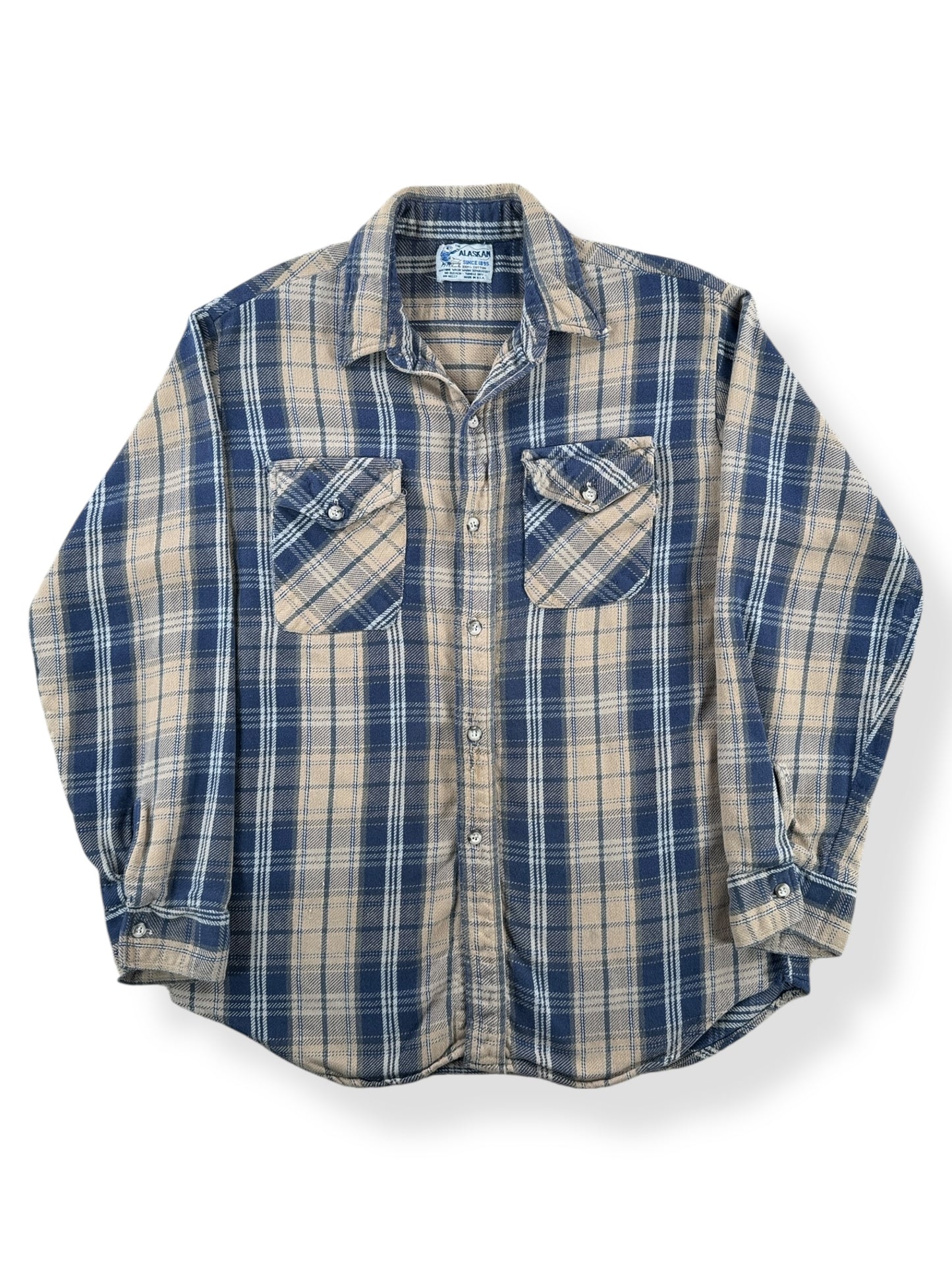 Front of Vintage The Alaskan Beige and Navy Cotton Flannel SZ M