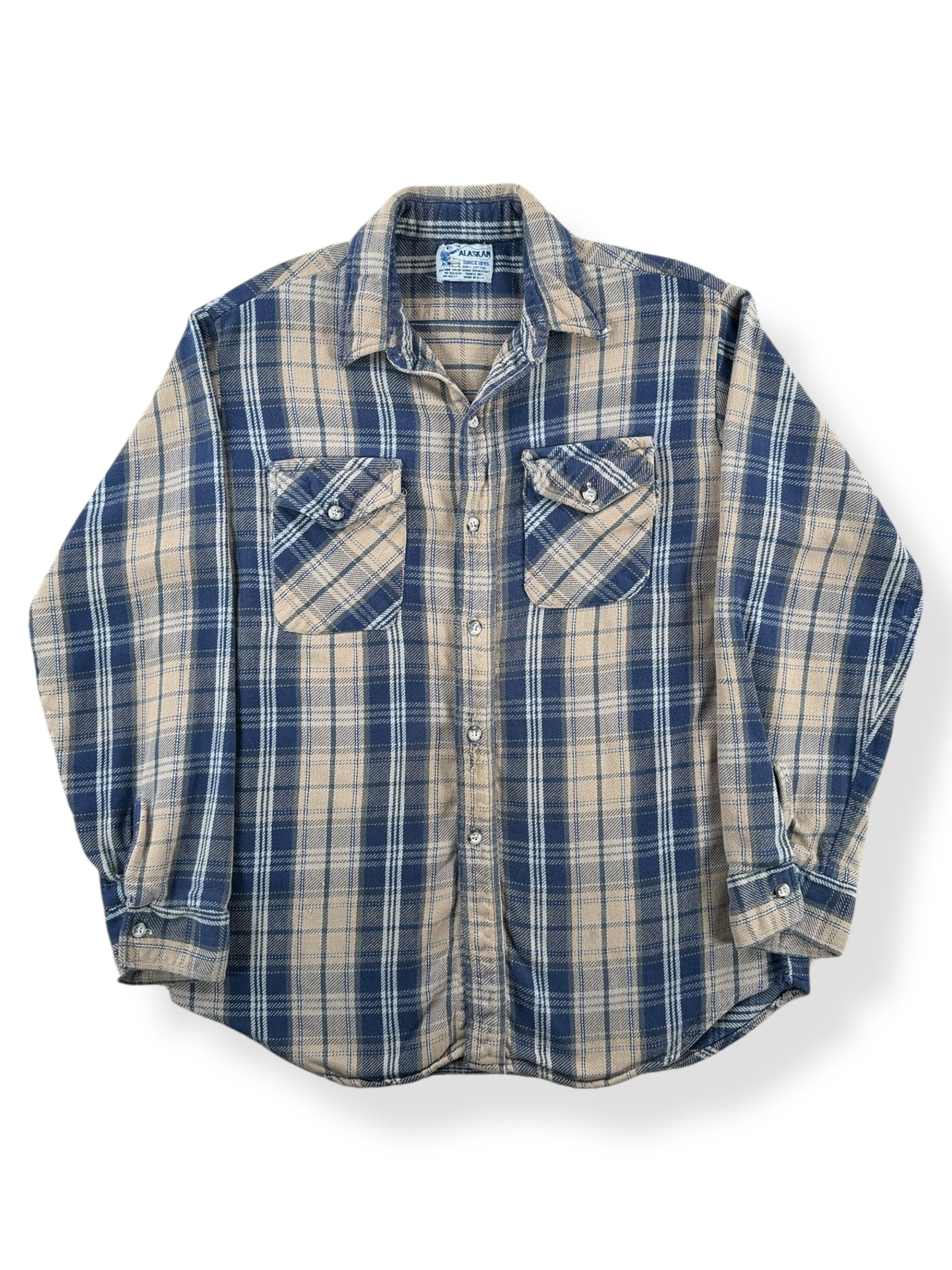 Front of Vintage The Alaskan Beige and Navy Cotton Flannel SZ M