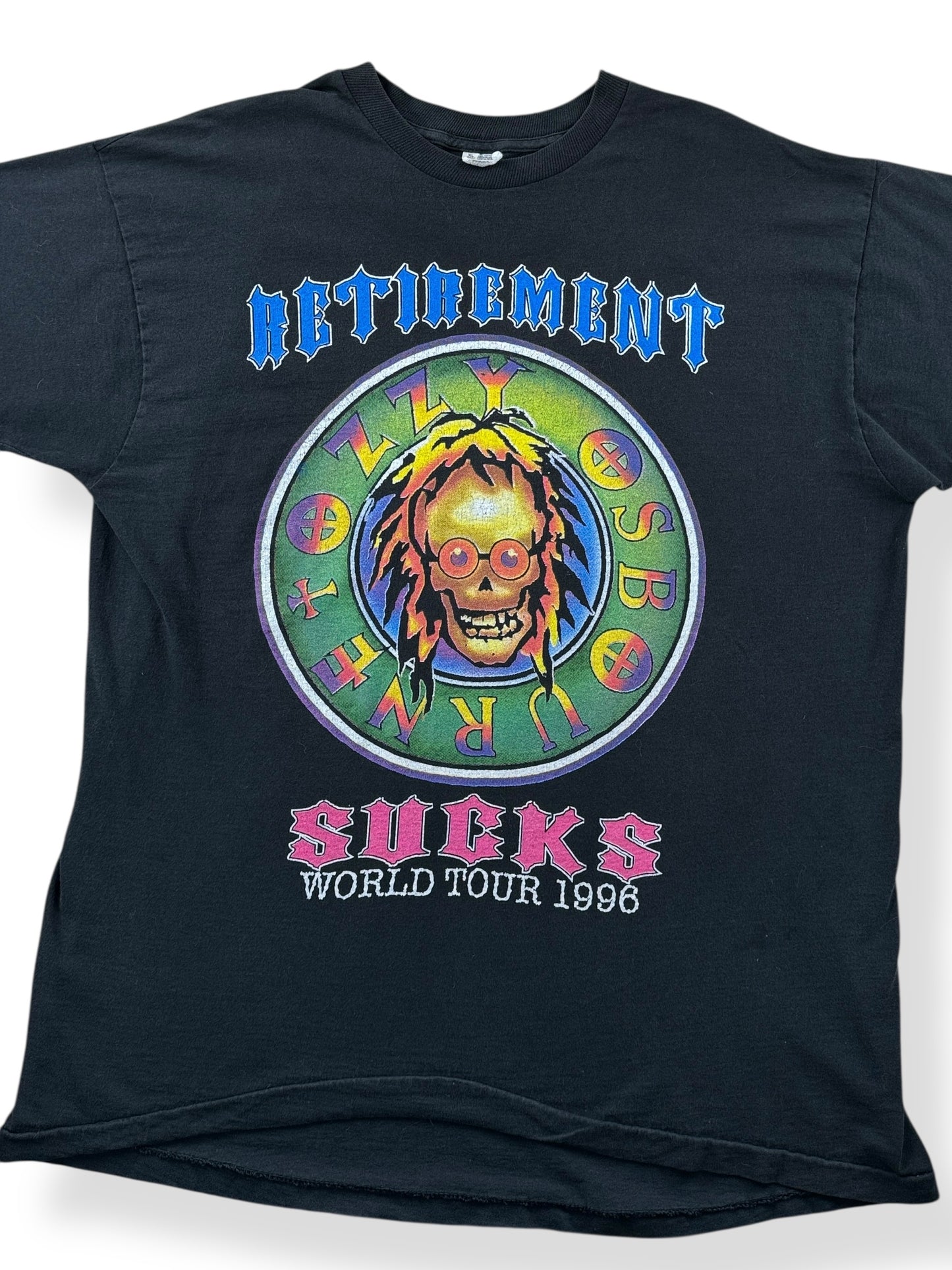Front Close Up of Vintage Ozzy Retirement Sucks 1996 Tour Tee SZ XL