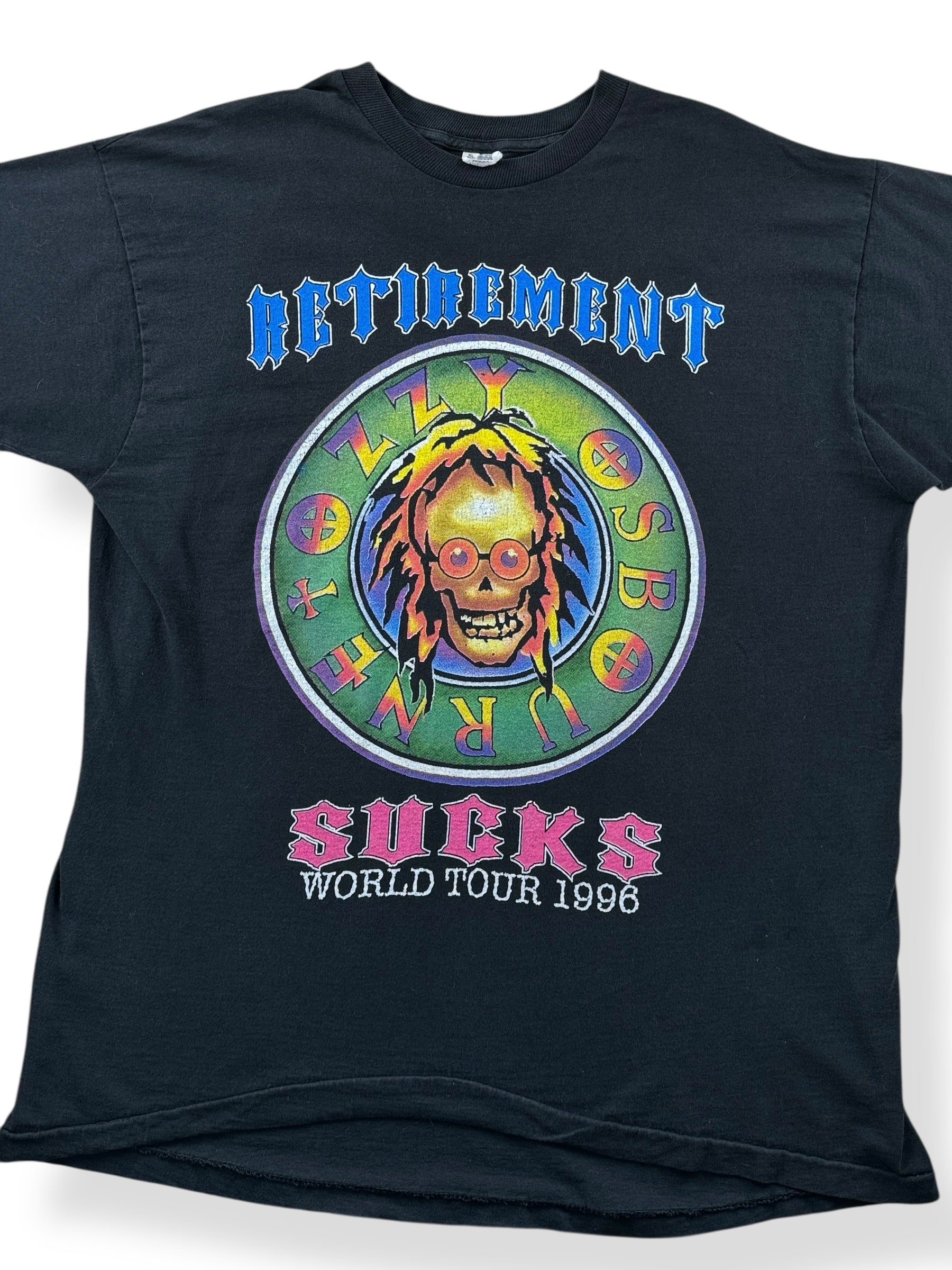 Front Close Up of Vintage Ozzy Retirement Sucks 1996 Tour Tee SZ XL