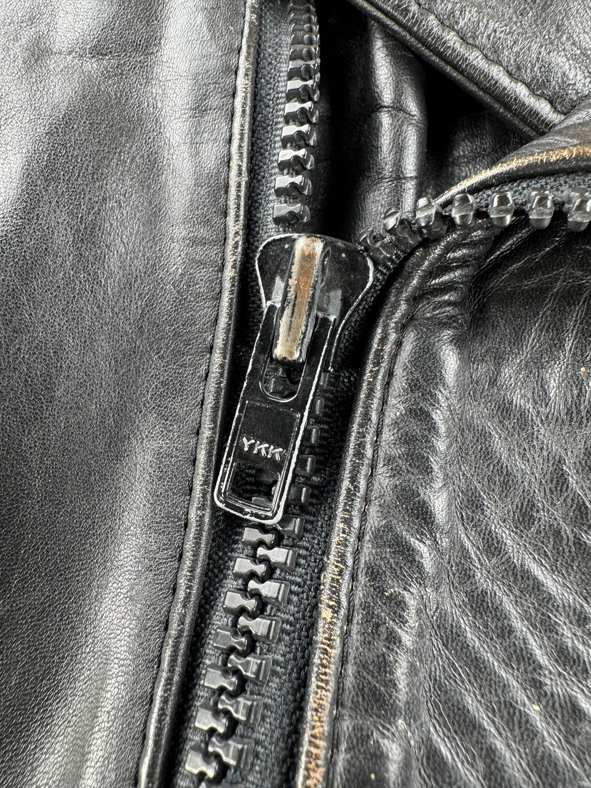 Zipper on Vintage Made in Mexico Leather Biker Jacket SZ 48