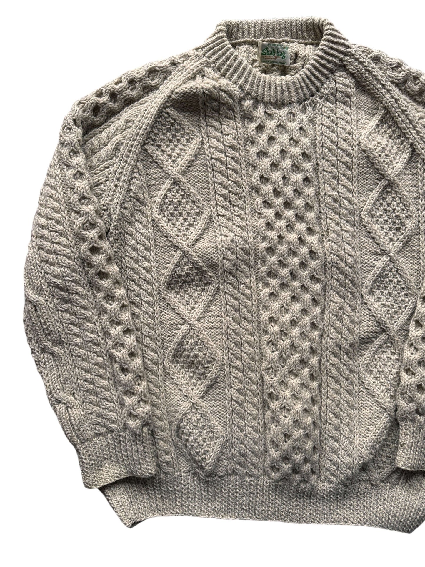 Front Right of Vintage Sliab Liag grey Irish cable knit fisherman's sweater SZ XL