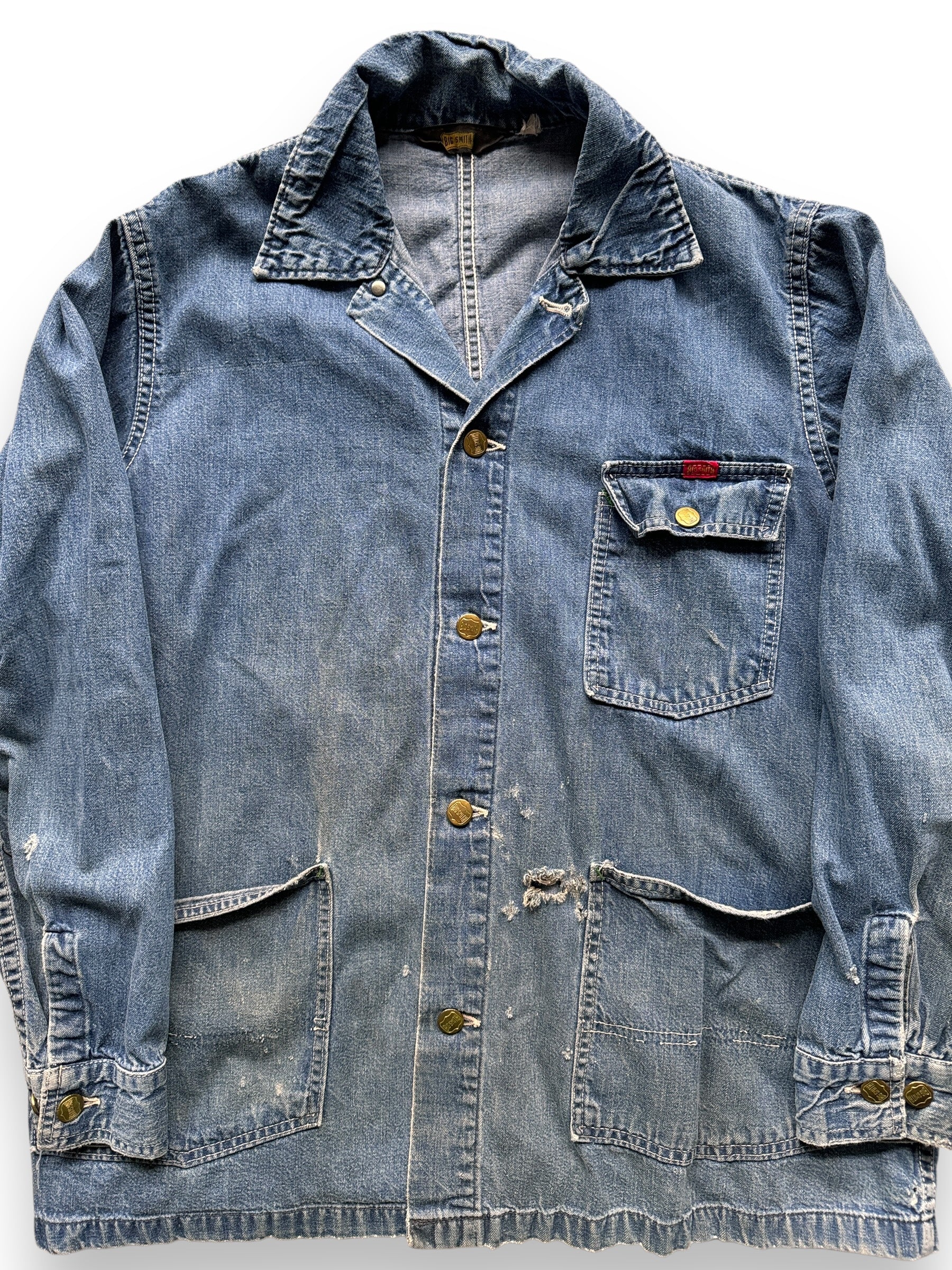 front close up of Vintage Big Smith 3 Pocket Denim Chore Coat SZ XL