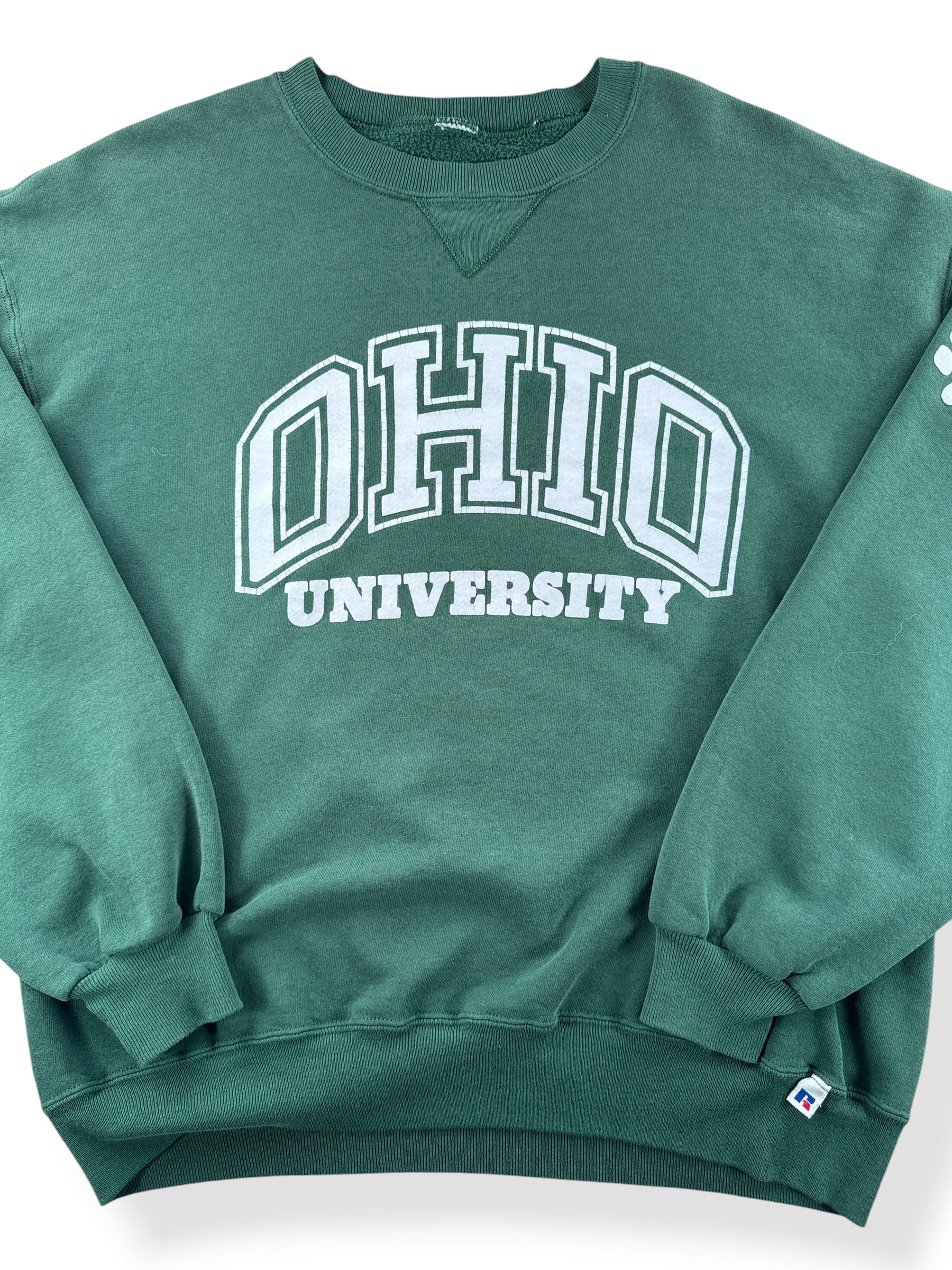 Close-up of Vintage Russell Athletic Forest Green Ohio Crewneck SZ L