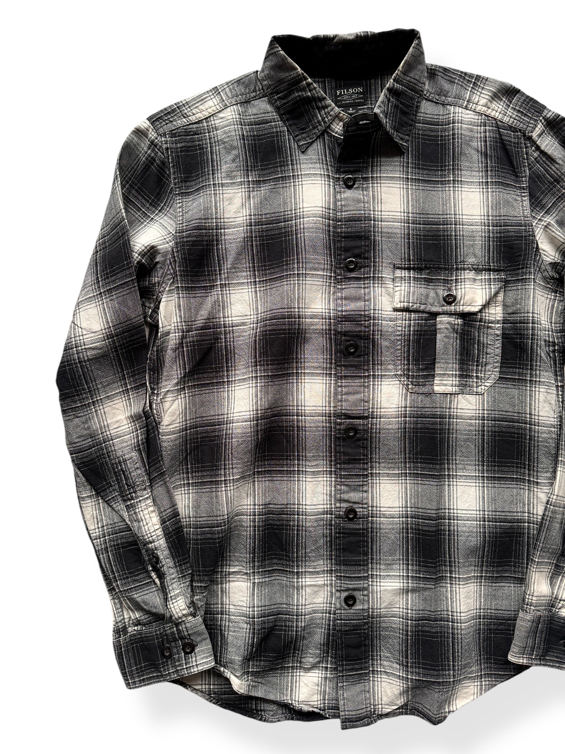 Front Right of Filson Grey Black Lightweight Flannel SZ S