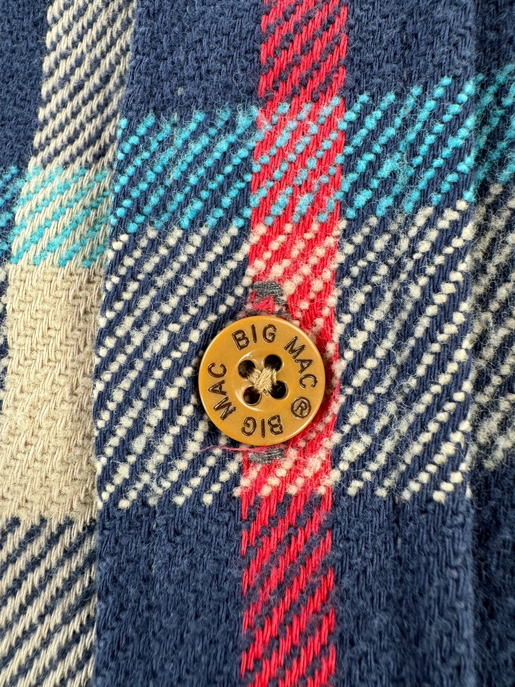 Button on Vintage Big Mac Navy Plaid Cotton Flannel SZ XL