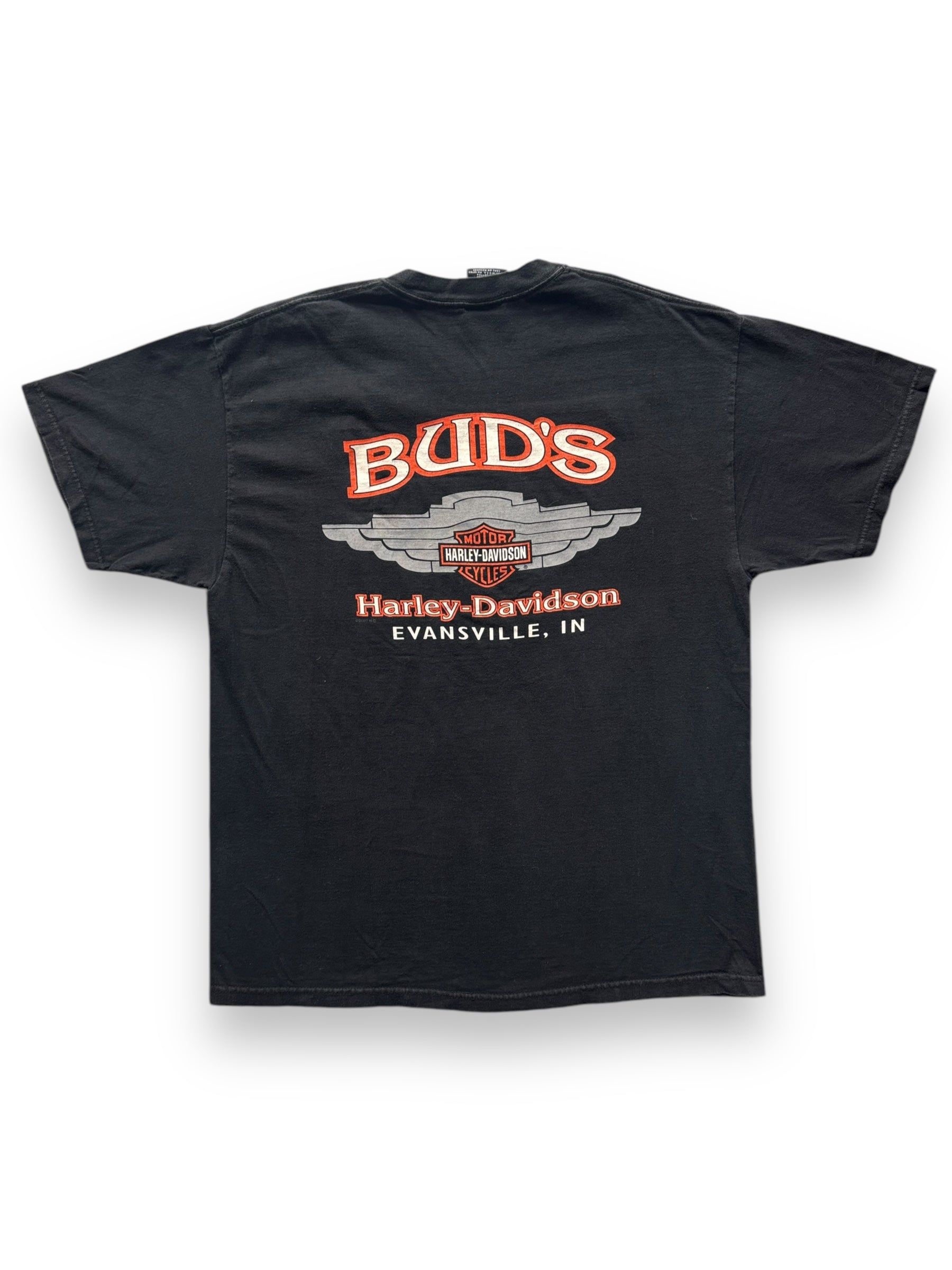 back of Vintage Bud's of Evansville IN Harley Tee SZ L