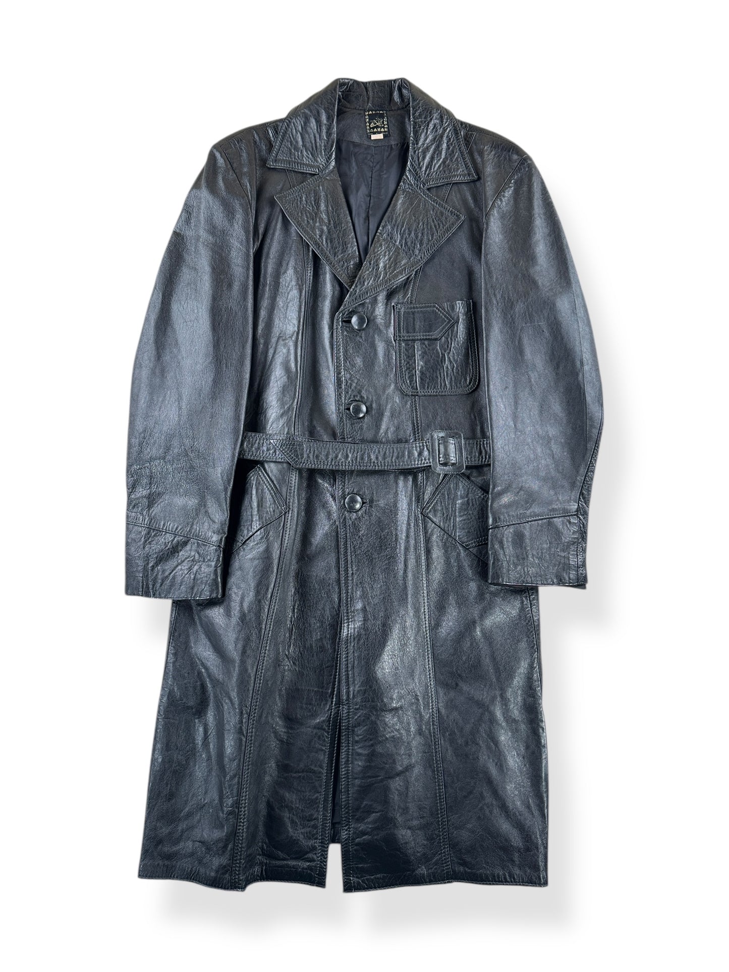 Front of Vintage 70s Black Leather Trench Coat SZ 46