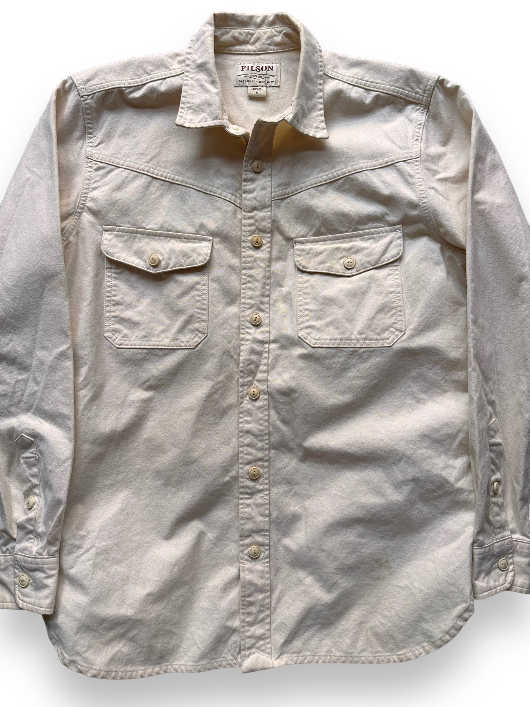 Front Detail on Filson Yukon Chamois Shirt SZ M |  Barn Owl Vintage Goods | Vintage Filson Workwear Seattle