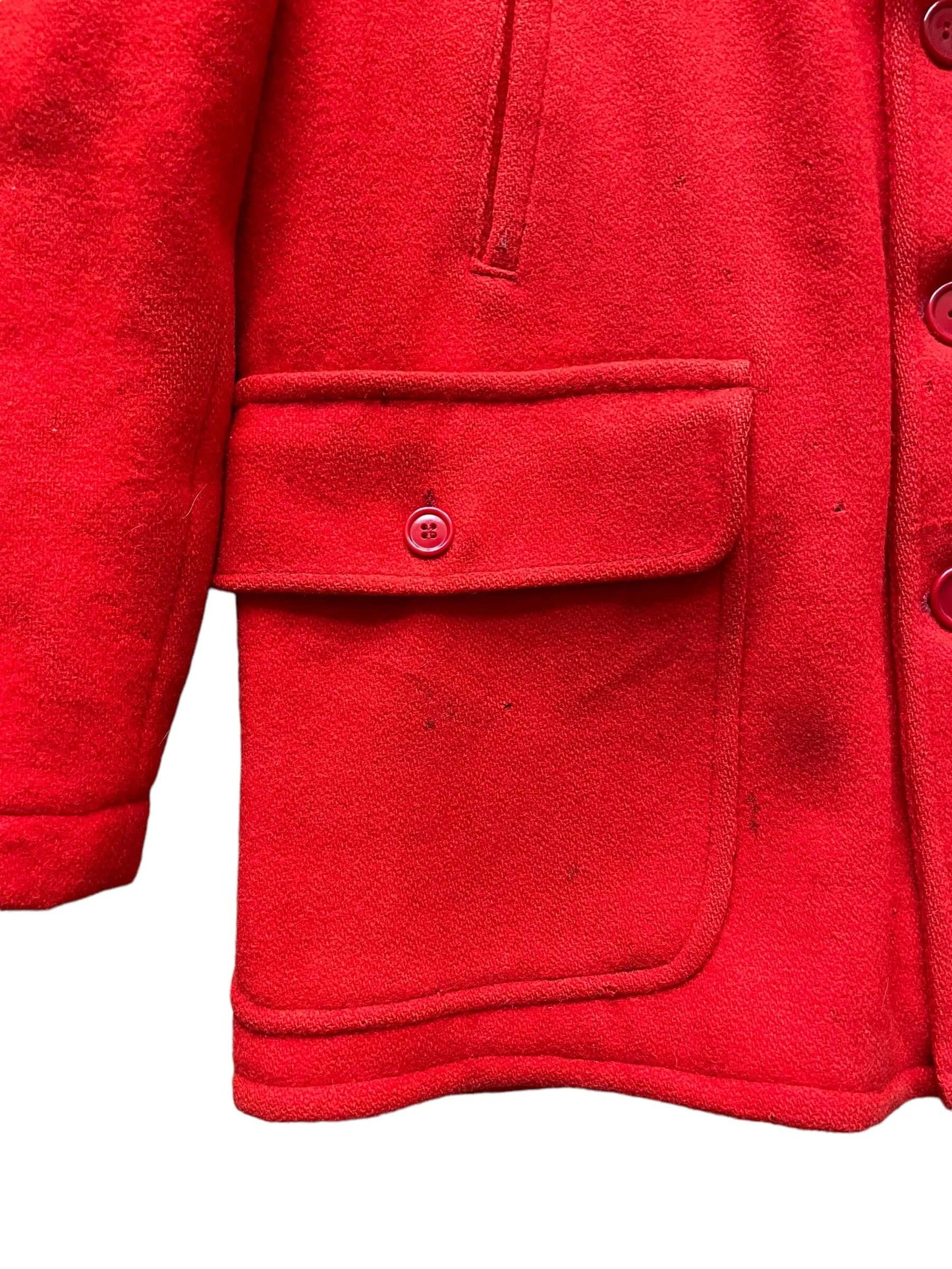 Lower front right pocket view of 1940s J.O. Ballard & CO Red Wool Hunting Jacket