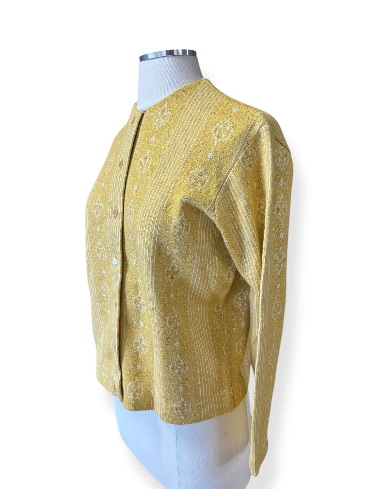 Side view of 1960s Gold Lurex Jantzen Cardigan L