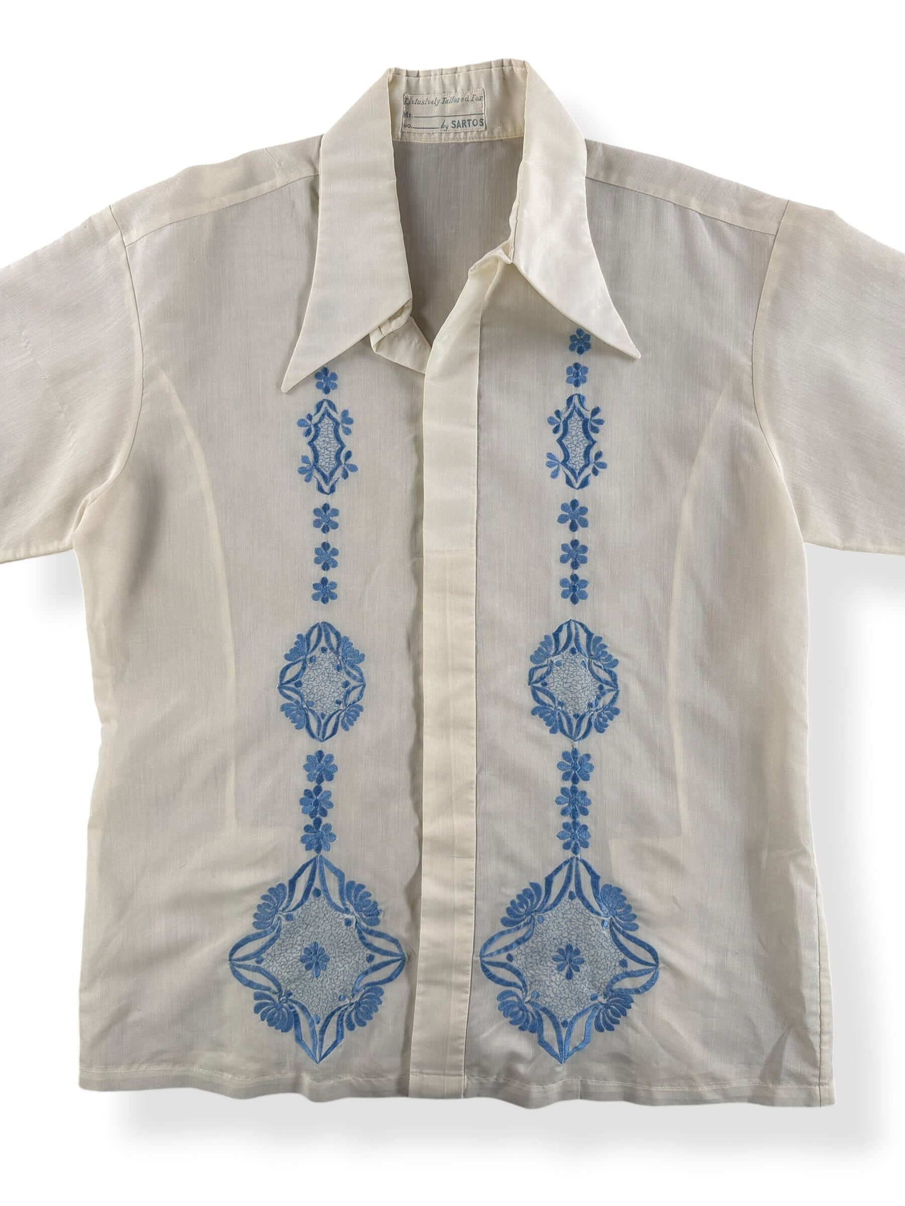 Front Close Up of Vintage Ivory + Blue Embroidered Shirt SZ M